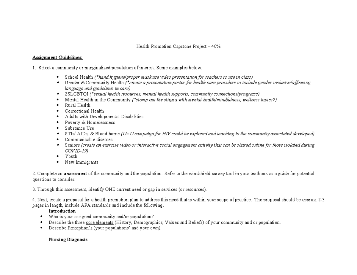 Health Promotion Capstone Project (HLTH 400) - Assignment Guidelines ...