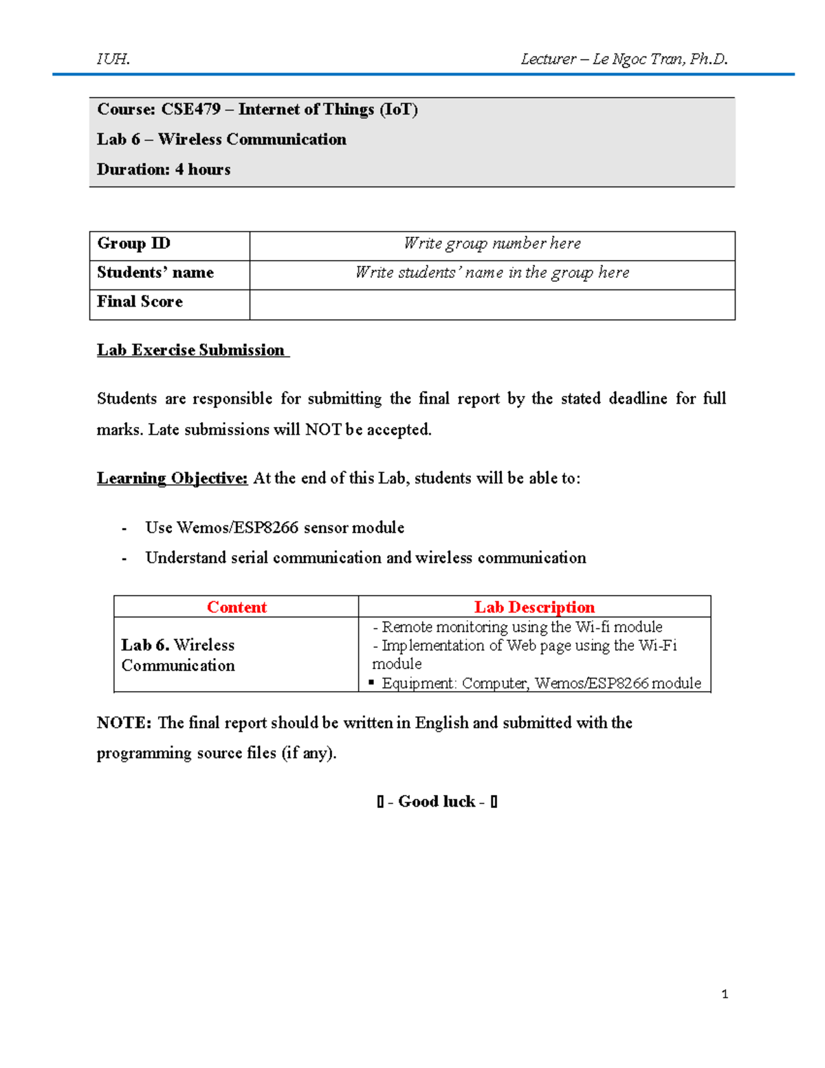 Lab 6 - Wireless Communication - Course: CSE479 – Internet of Things ...