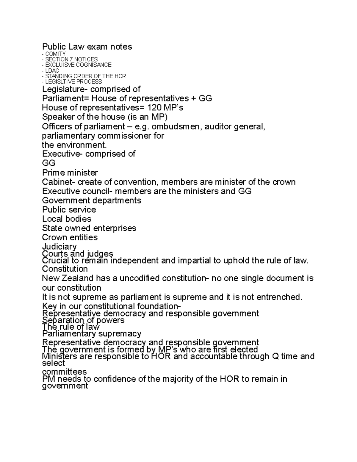 Public Law Exam Notes: Comity, Section 7, and Legislative Process - Studocu