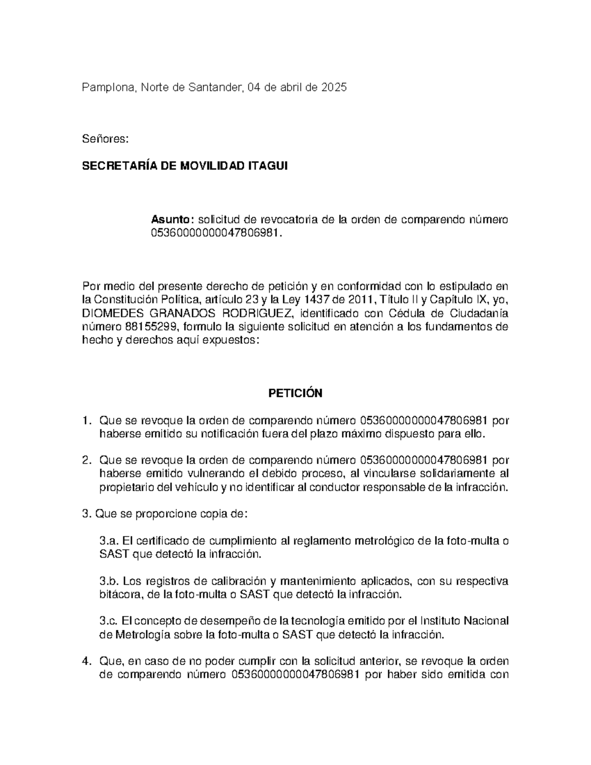 DP-Indebida Notificación Fotomulta - Solicitud Revocatoria 2025 - Document Preview