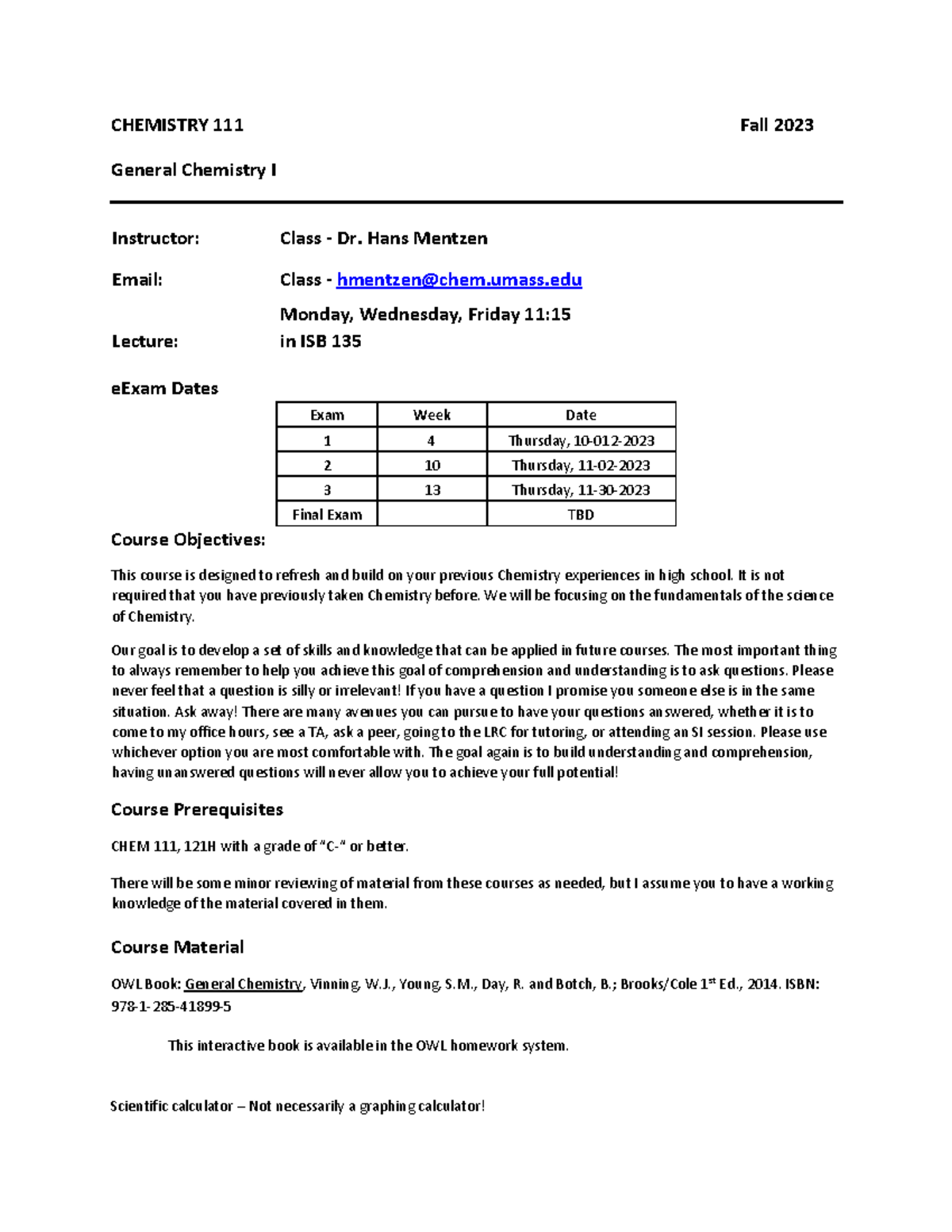 Chem 111 Syllabus: General Chemistry I - Fall 2023 Overview - Studocu