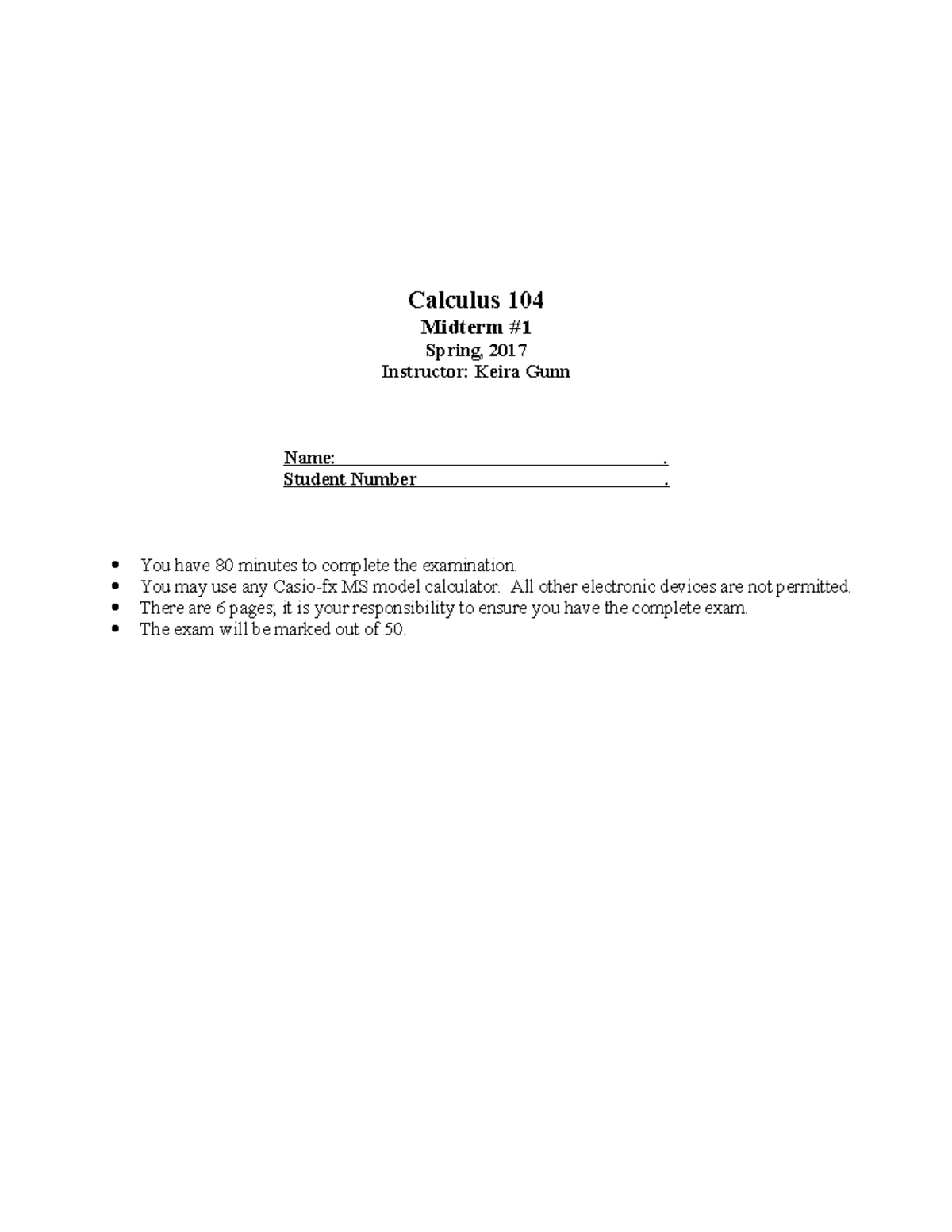 Calculus 104 Midterm Exam - Spring 2017 Test Document - Studocu