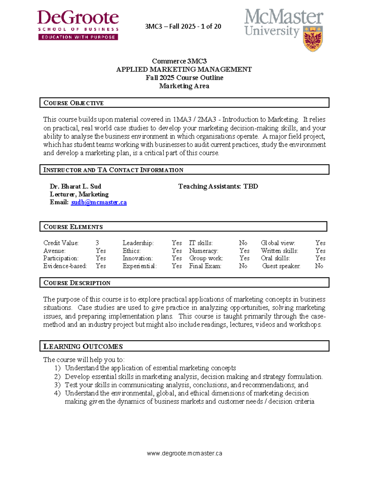 3MC3 Fall 2025 Course Outline: Applied Marketing Management - Studocu