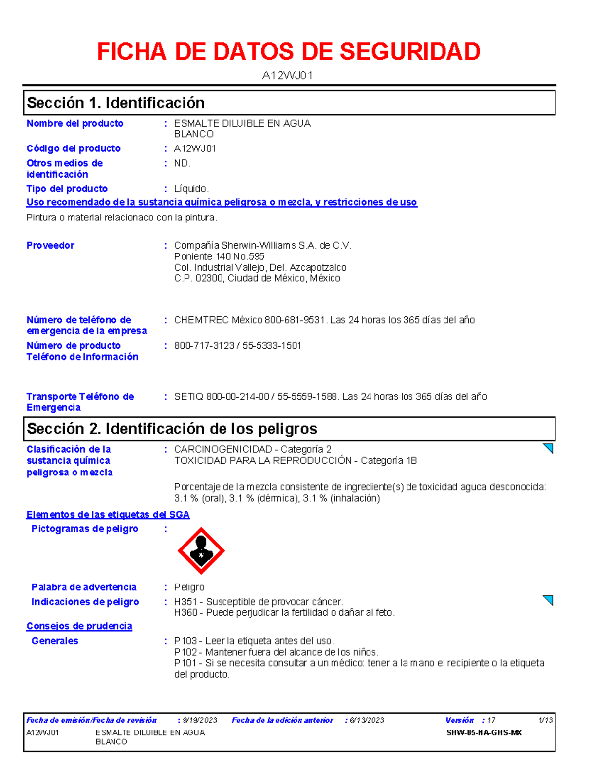 FICHA DE DATOS DE SEGURIDAD: ESMALTE DILUIBLE EN AGUA A12WJ01 - Document Preview