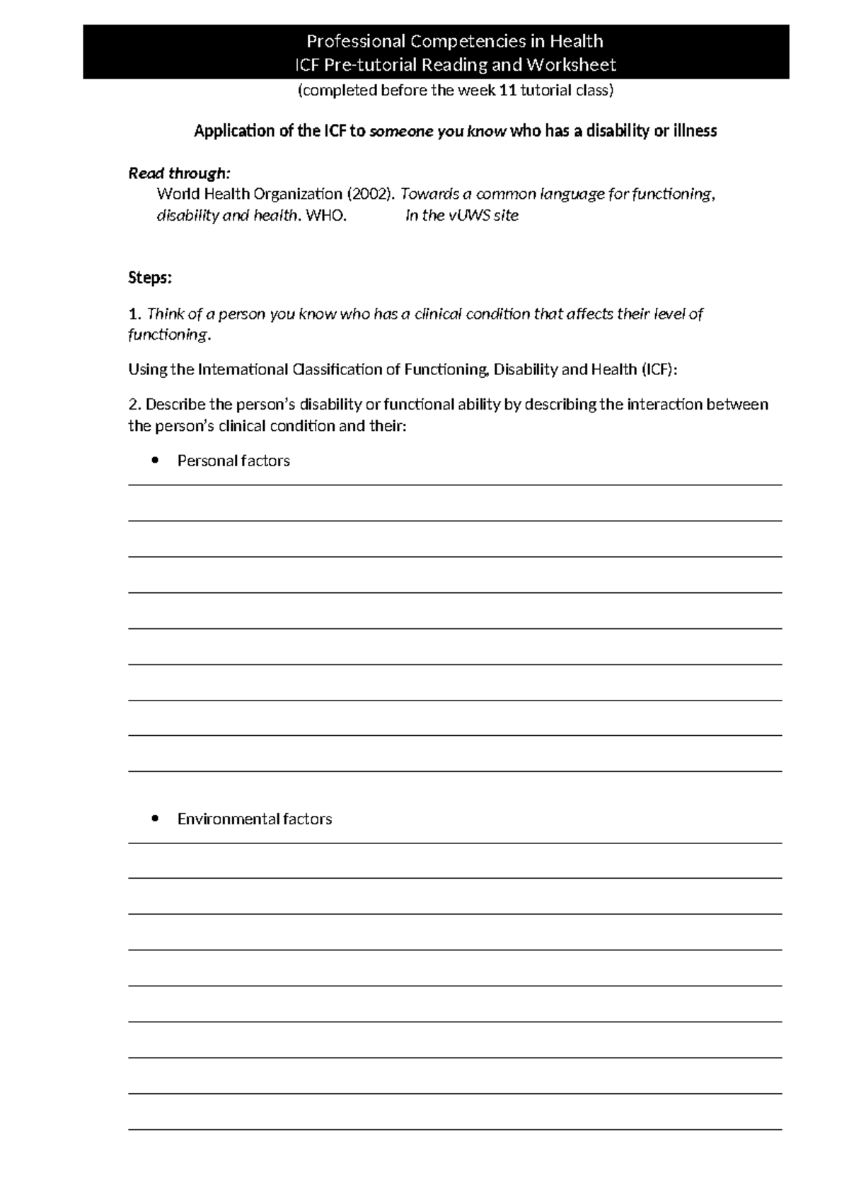 Week 11 ICF Worksheet: Analyzing Disability & Functioning - Studocu