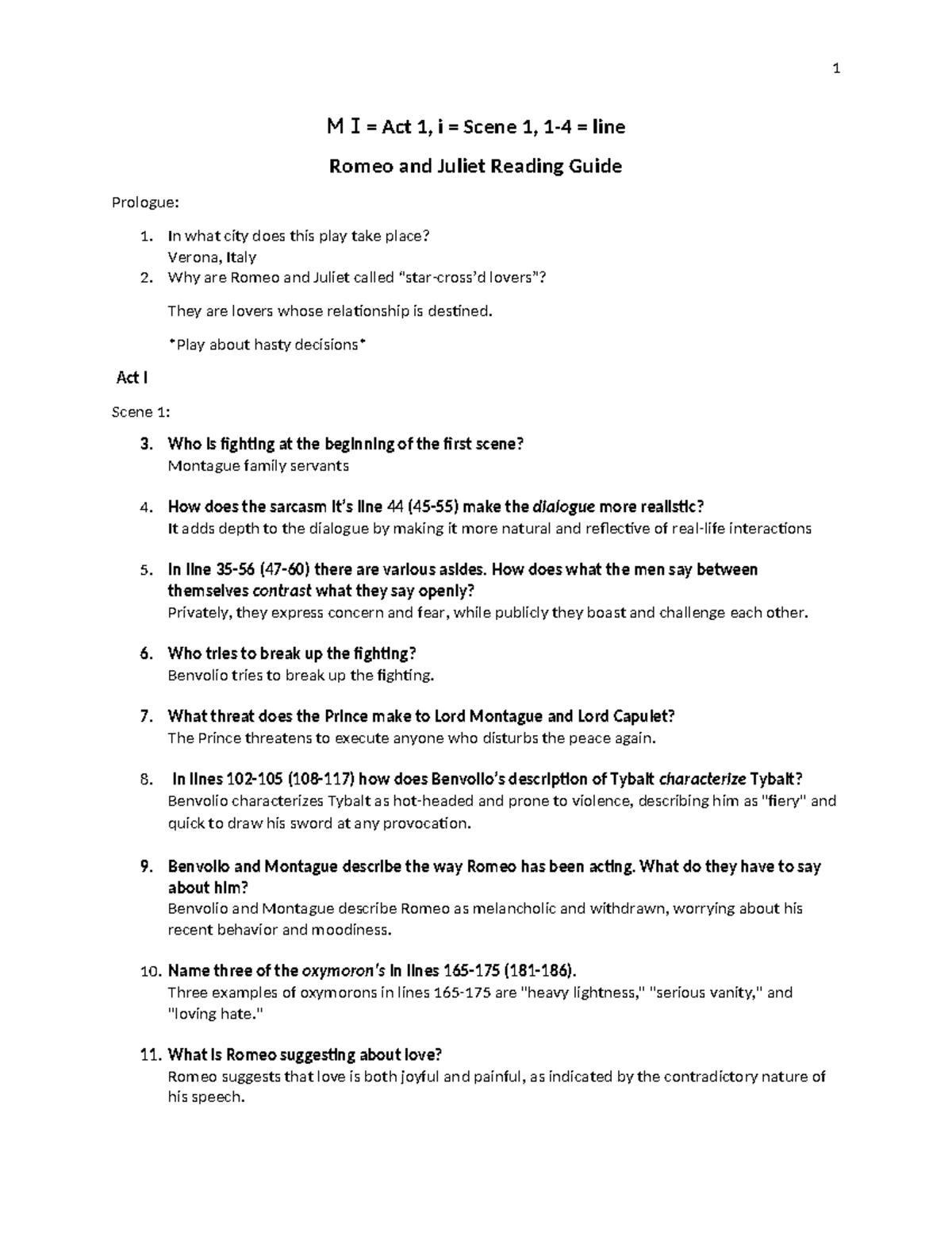 Revised R&J Reading Guide (ENG 101) - Act I to Act IV Analysis - Studocu