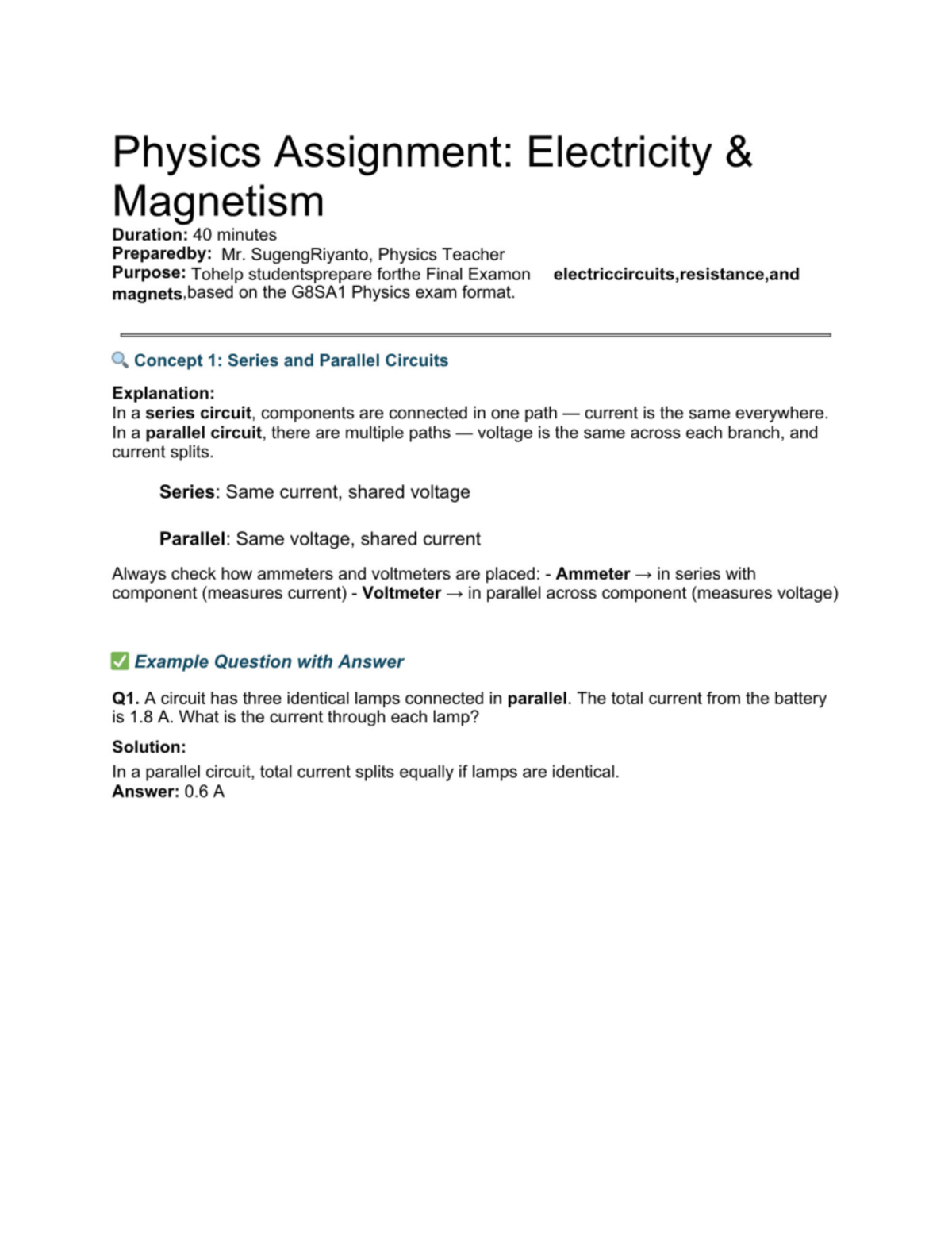 Grade 8 Physics Final Exam Prep: Electricity & Magnetism Concepts - Studocu
