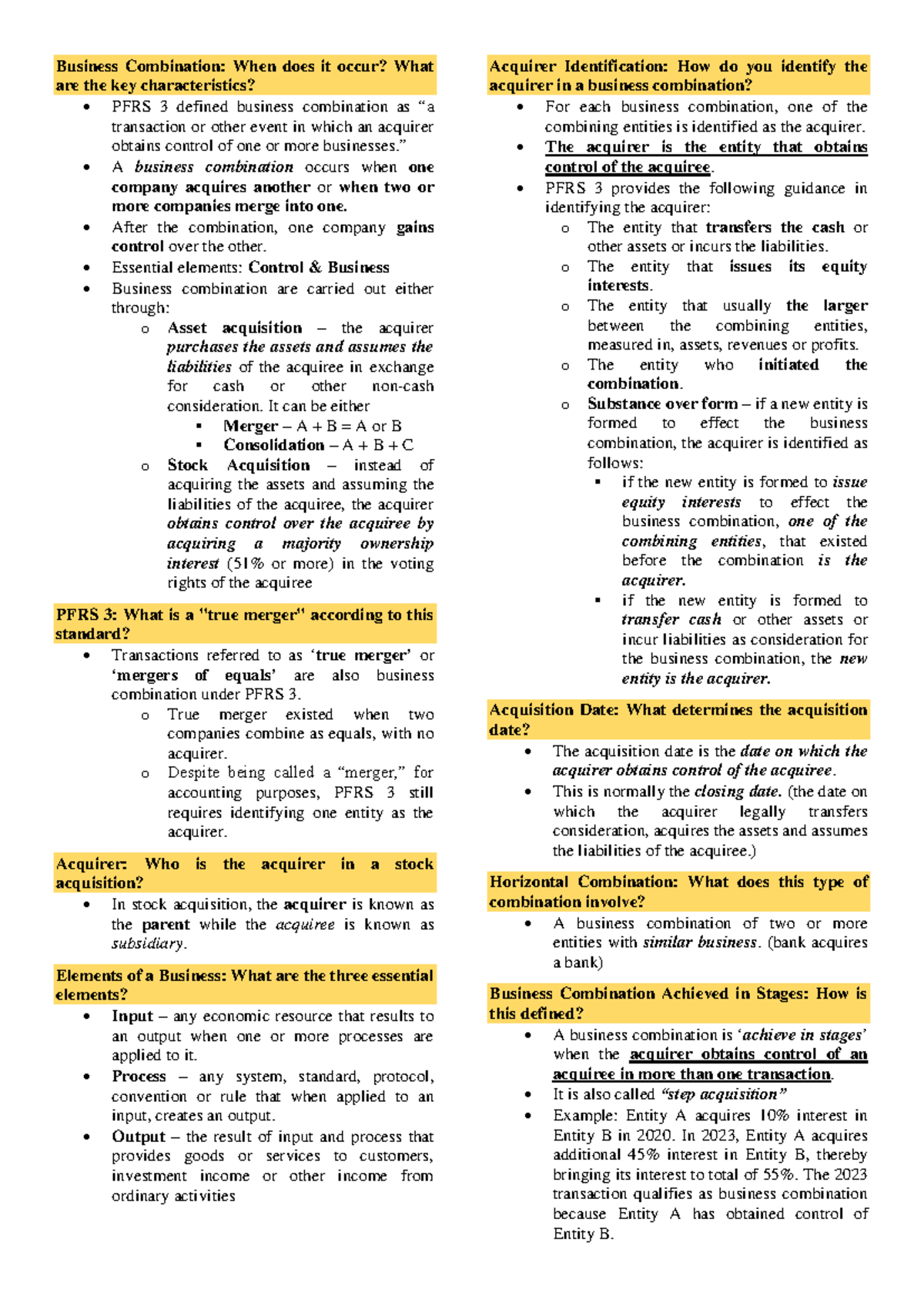 PFRS 3: Key Characteristics and Elements of Business Combinations - Studocu