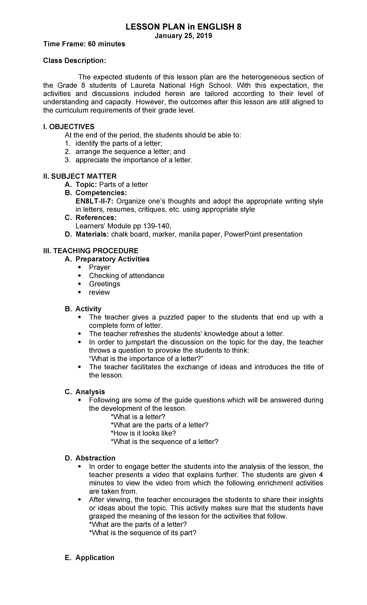 ENGLISH 8 Lesson Plan: Understanding Parts of a Letter - Studocu