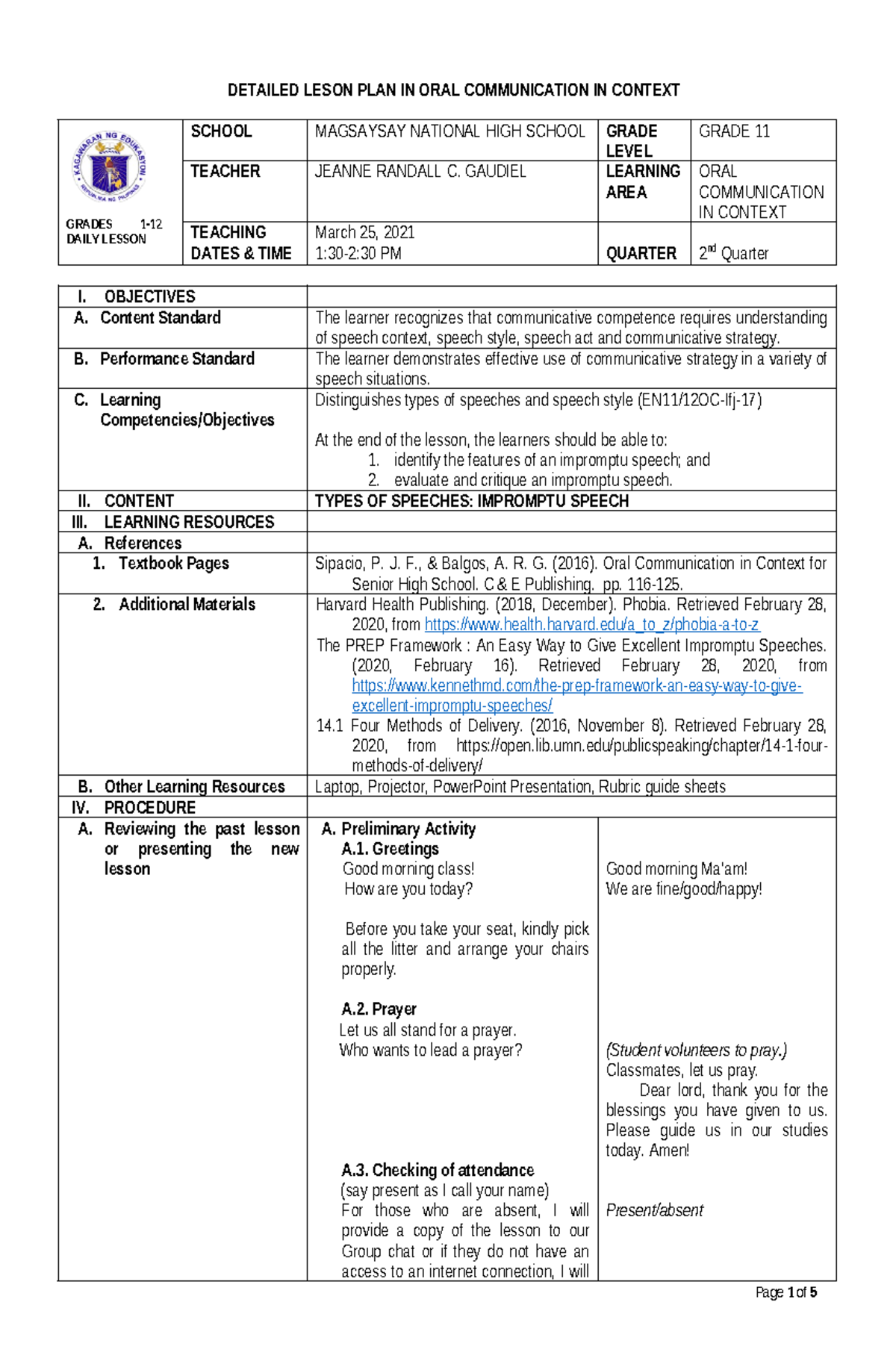DLP CO101 - Detailed Lesson Plan on Impromptu Speech for Grade 11 - Studocu