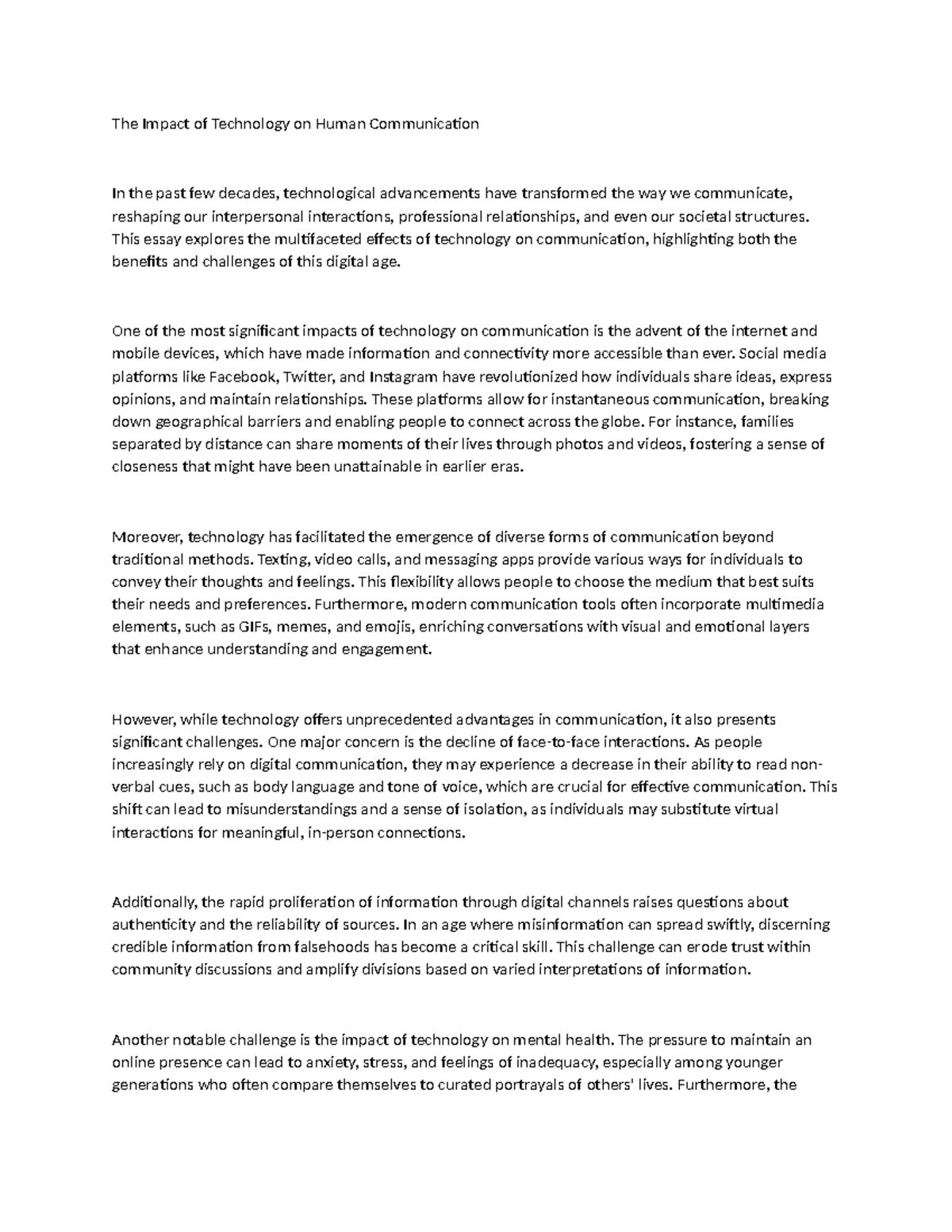 The Impact of Technology on Human Communication - This essay explores ...