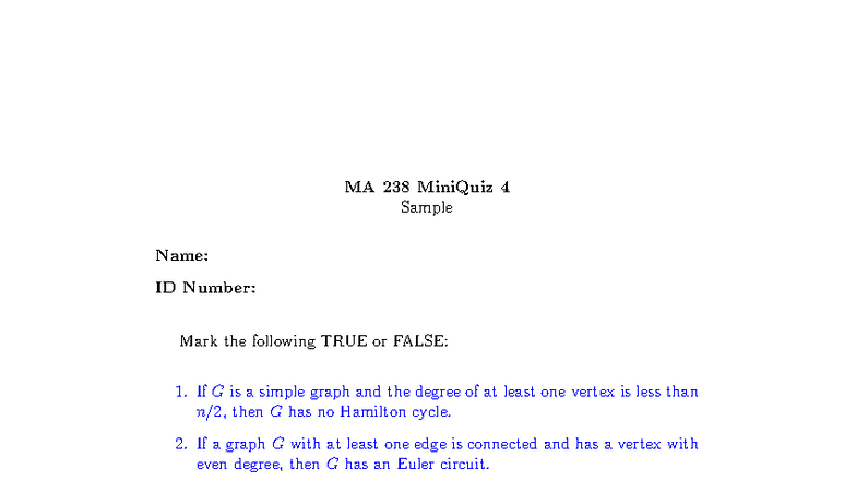 MA 238 MiniQuiz 4: Practice Questions on Graph Theorems and Concepts ...