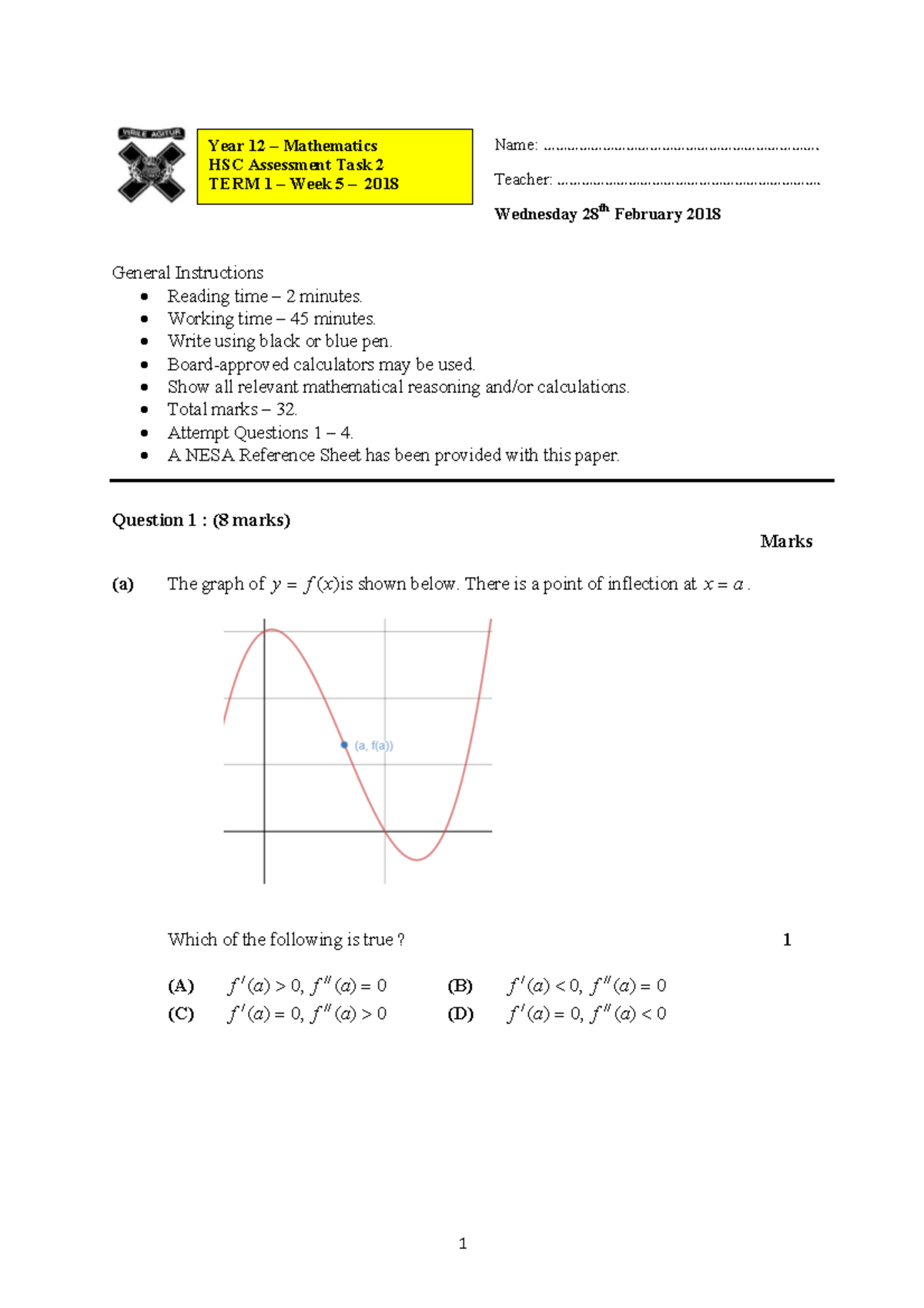 2018 Year 12 Mathematics HSC Assessment Task 2 - Term 1 Week 5 - Studocu