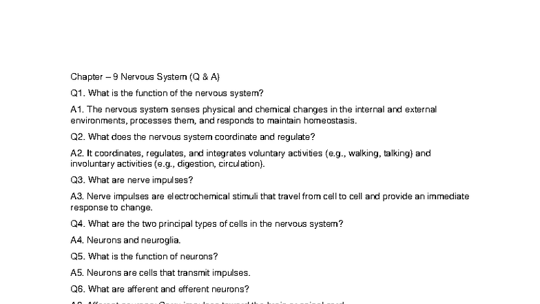 Chapter 9 Nervous System Q&A Notes (Biology 101) - Studocu