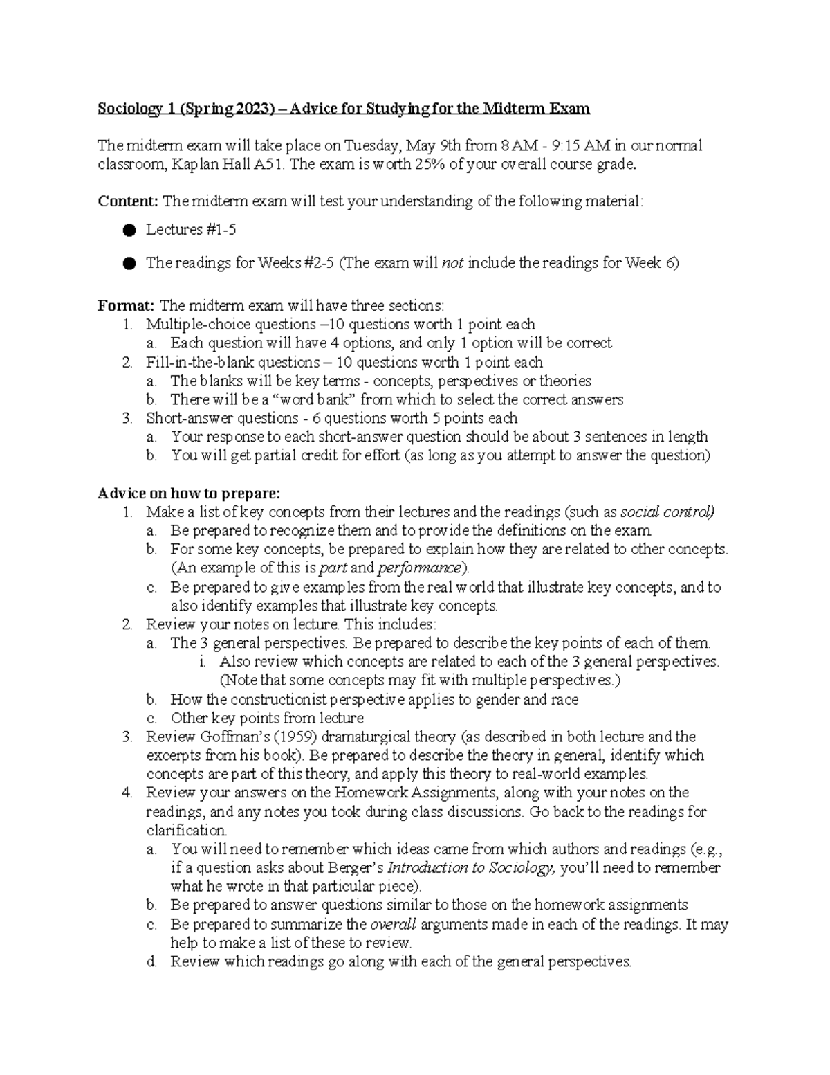 Sociology 1 Midterm Exam Study Guide (Spring 2023) - Studocu