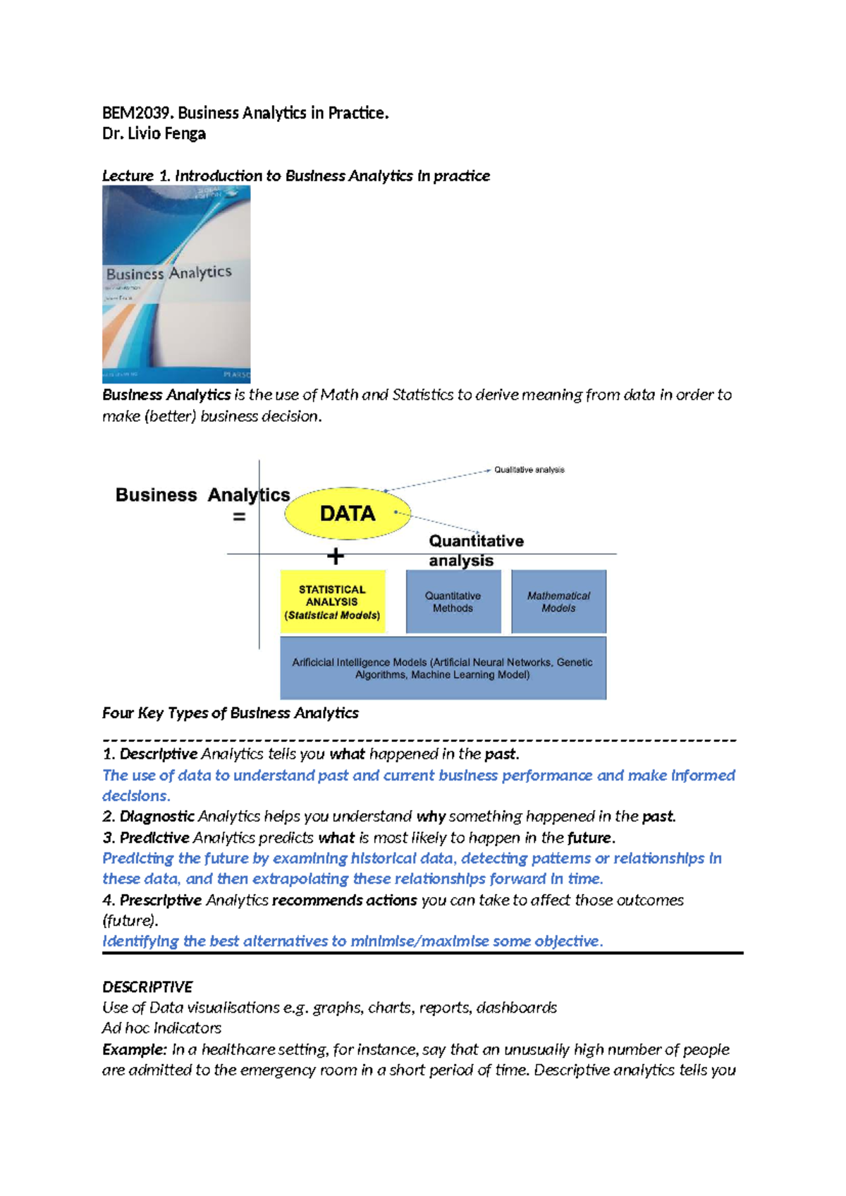 BEM2039. Lecture 1: Intro to Business Analytics Concepts - Studocu