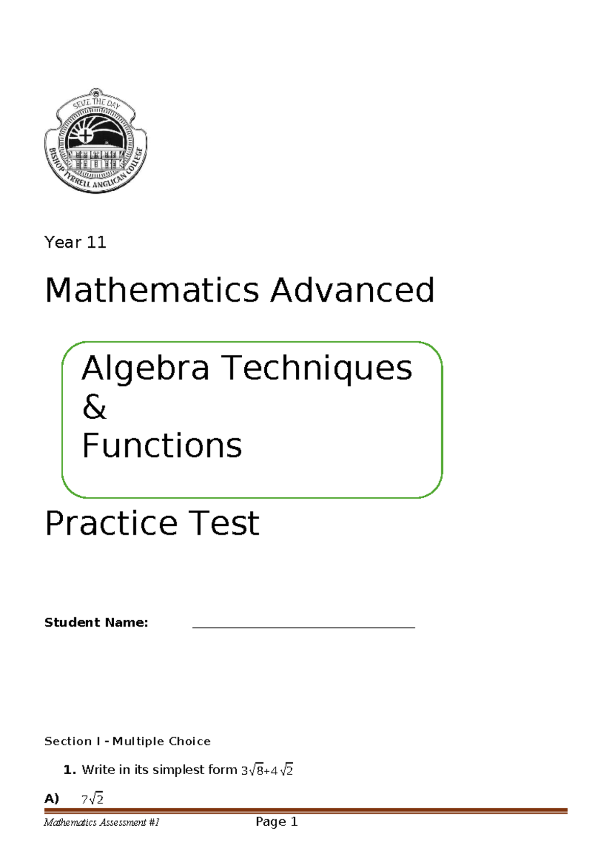 11 Advanced Algebra Techniques Functions Practice Test - Document Preview