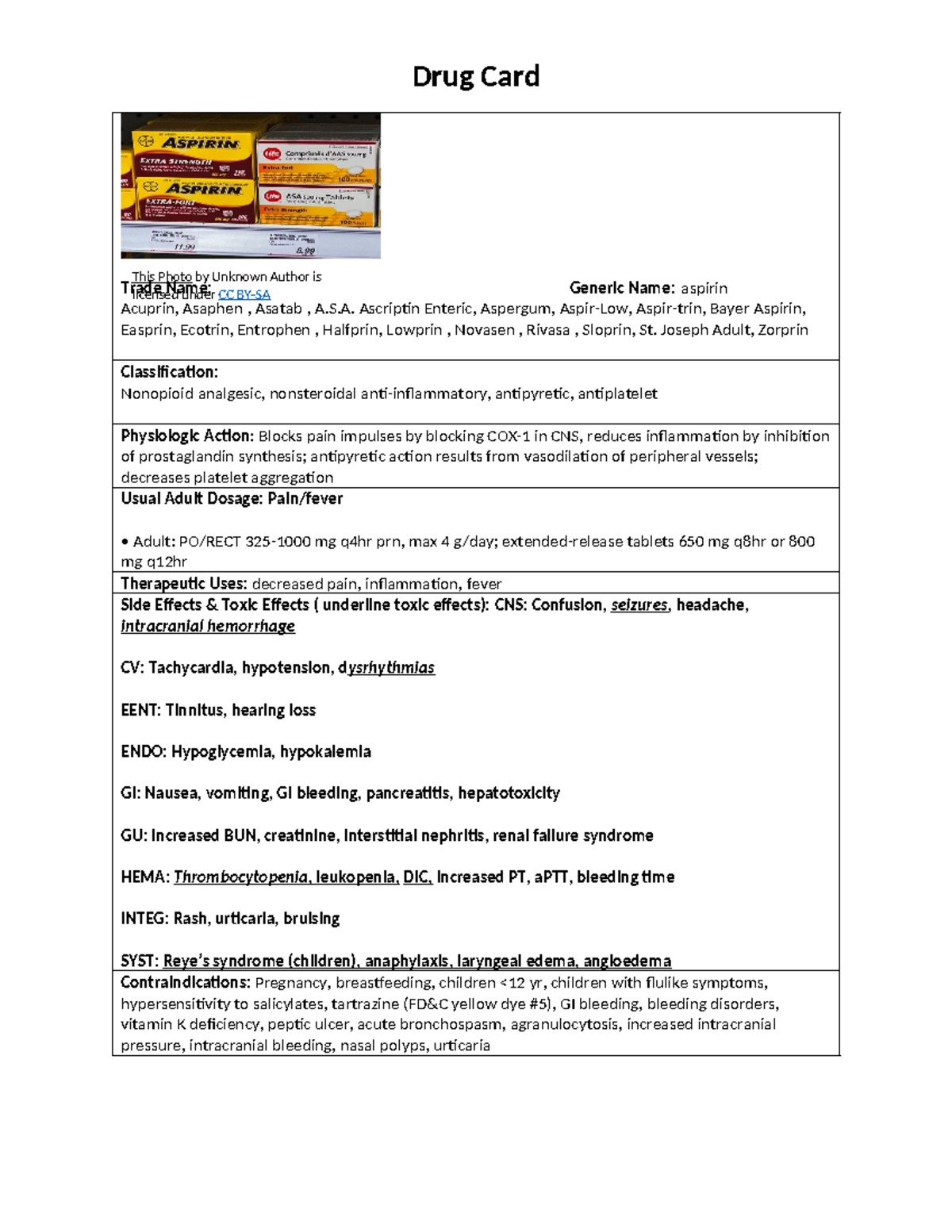 Aspirin Drug Card - Key Notes on Dosage, Uses & Side Effects - Studocu