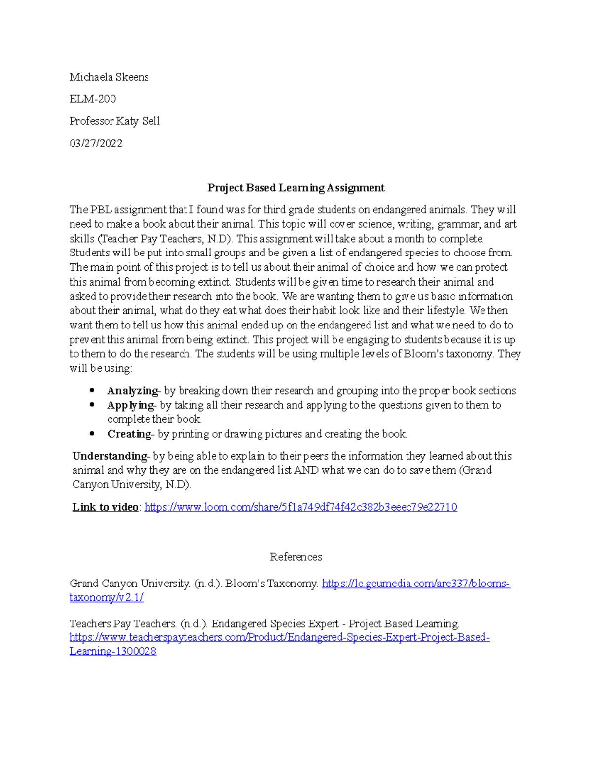 ELM-200-PBL - Project Based Learning Assignment Notes on Endangered ...