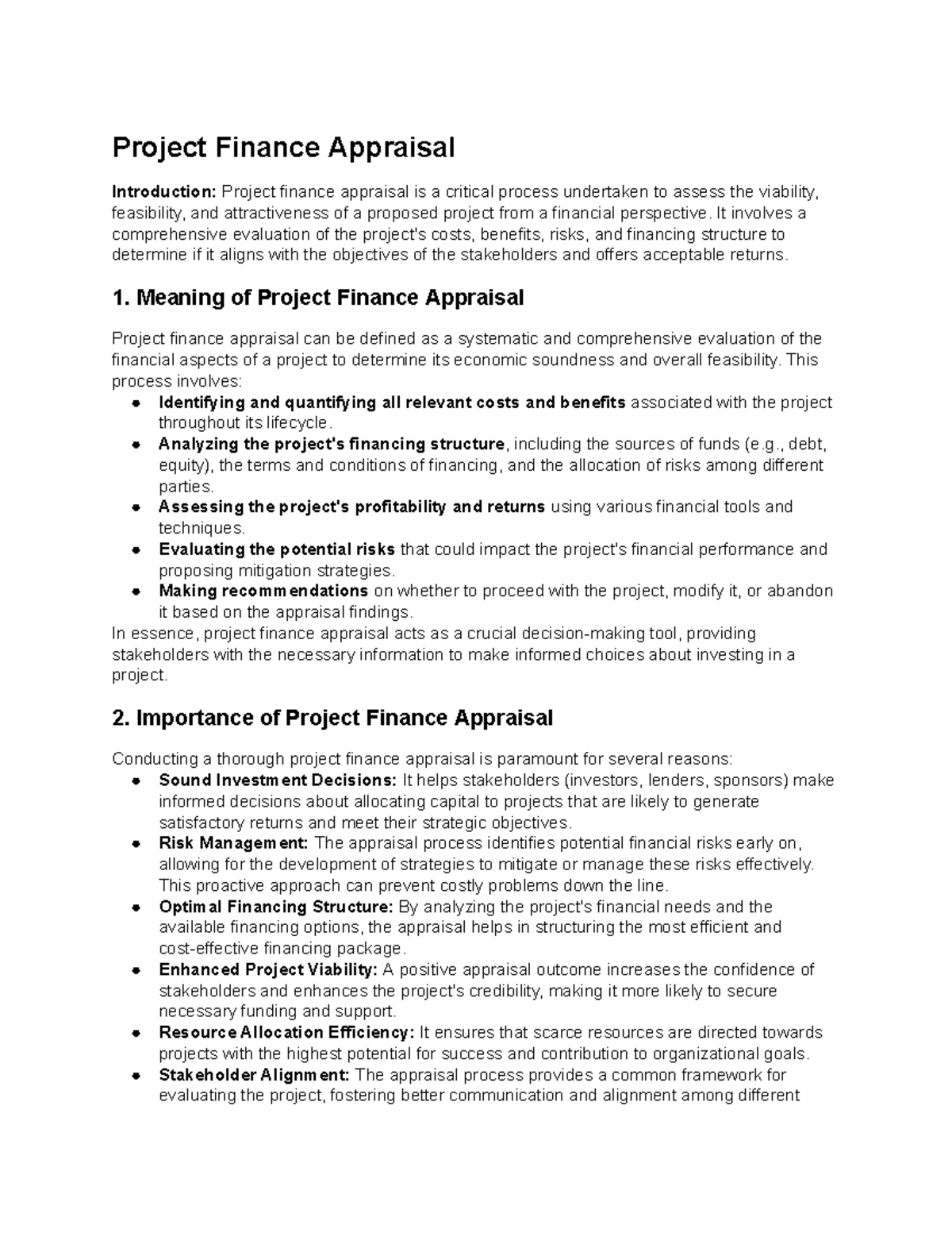 Topic 4: Project Finance Appraisal Overview and Key Tools - Studocu