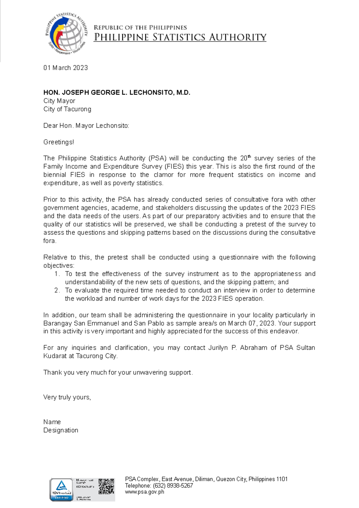 FIES Pretest Courtesy Letter to Mayor Lechonsito - Tacurong - Studocu