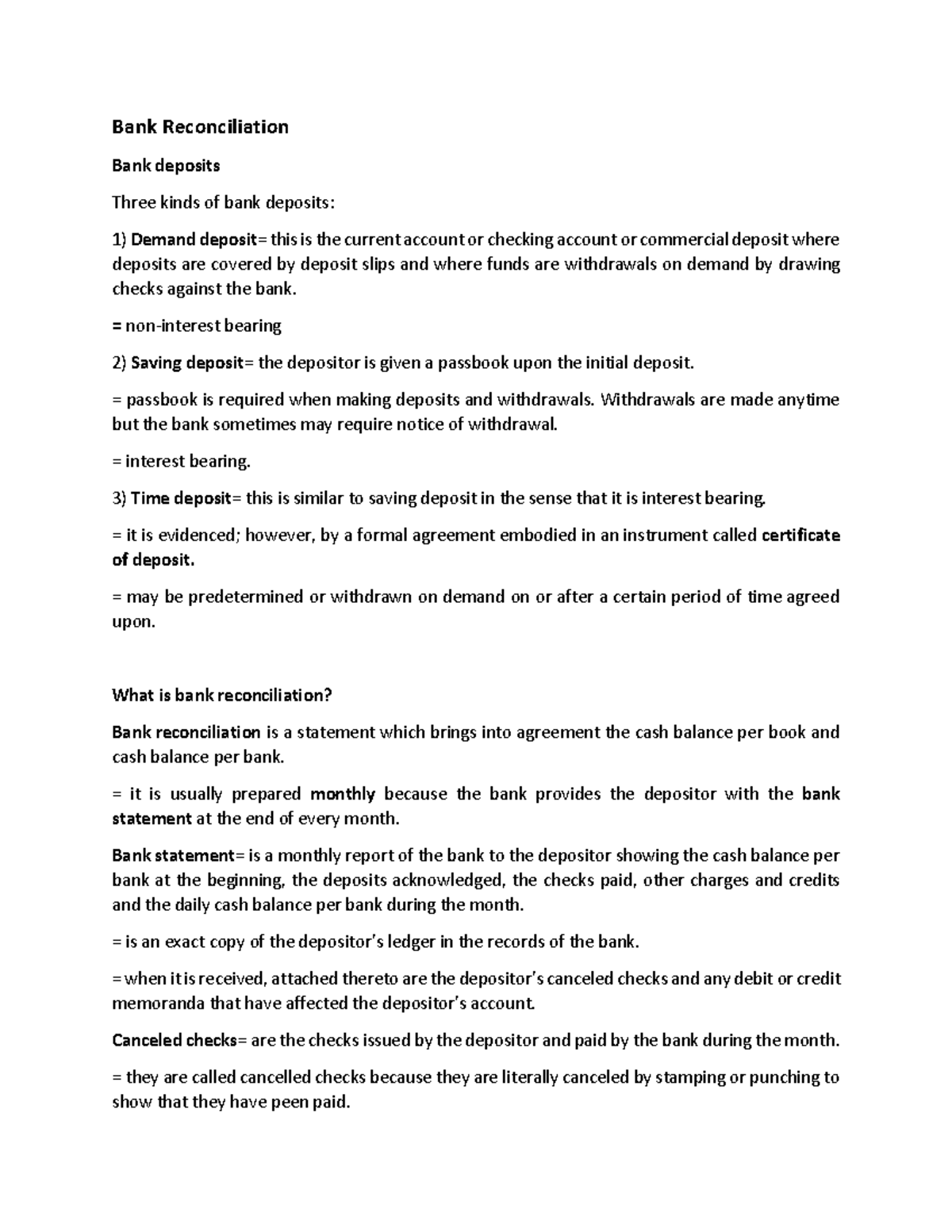 Bank Reconciliation Notes: Comprehensive Overview and Explanation - Studocu
