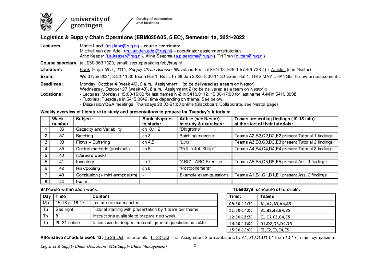 MSc Supply Chain Management EBM035A05 Course Outline & Logistics Notes ...
