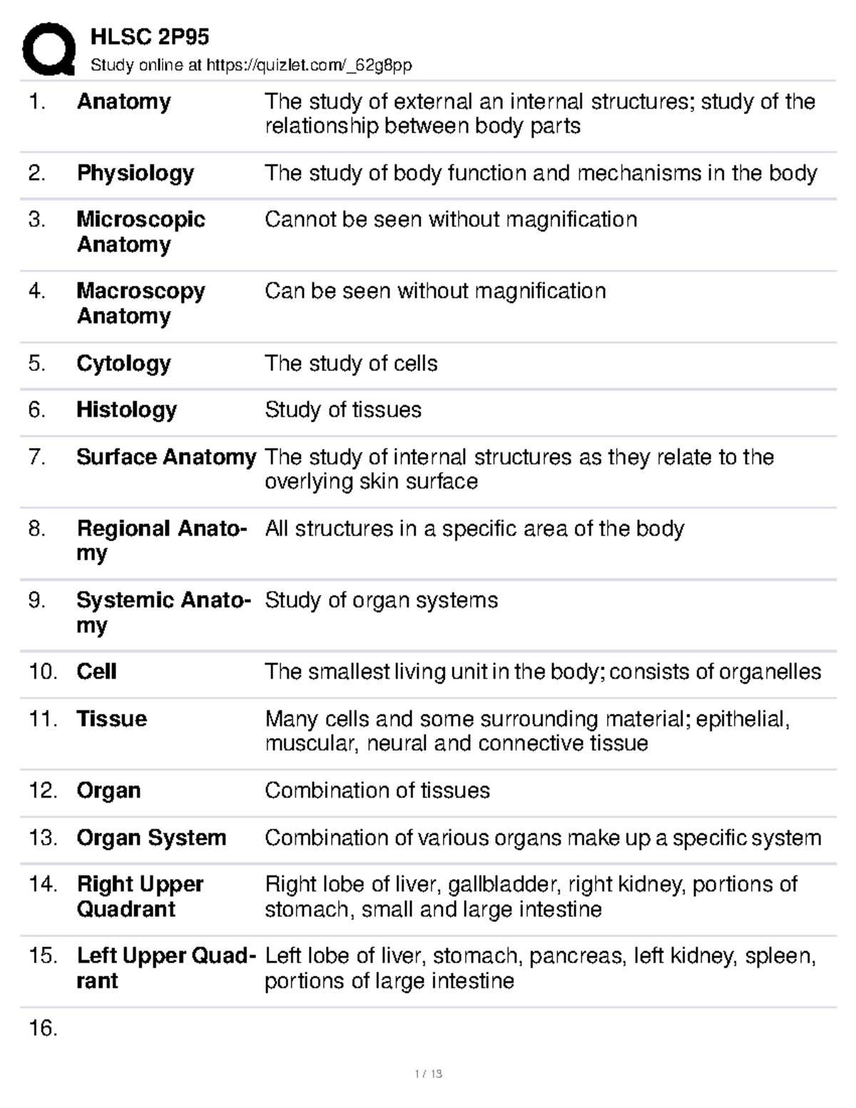 HLSC 2P95 Final Exam Study Notes: Anatomy & Physiology Overview - Studocu