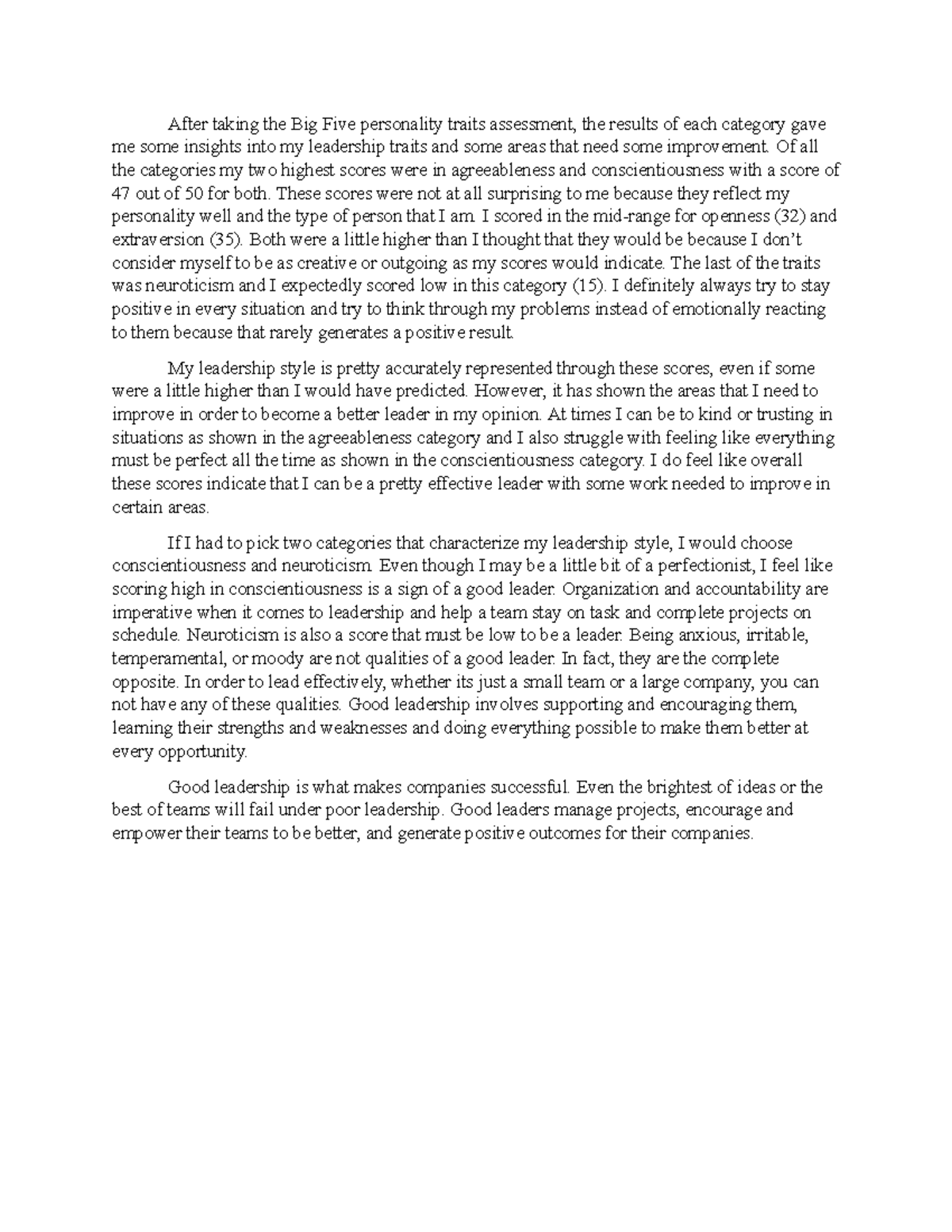 BUS 210 Journal Reflection on Leadership Traits and Improvement - Studocu