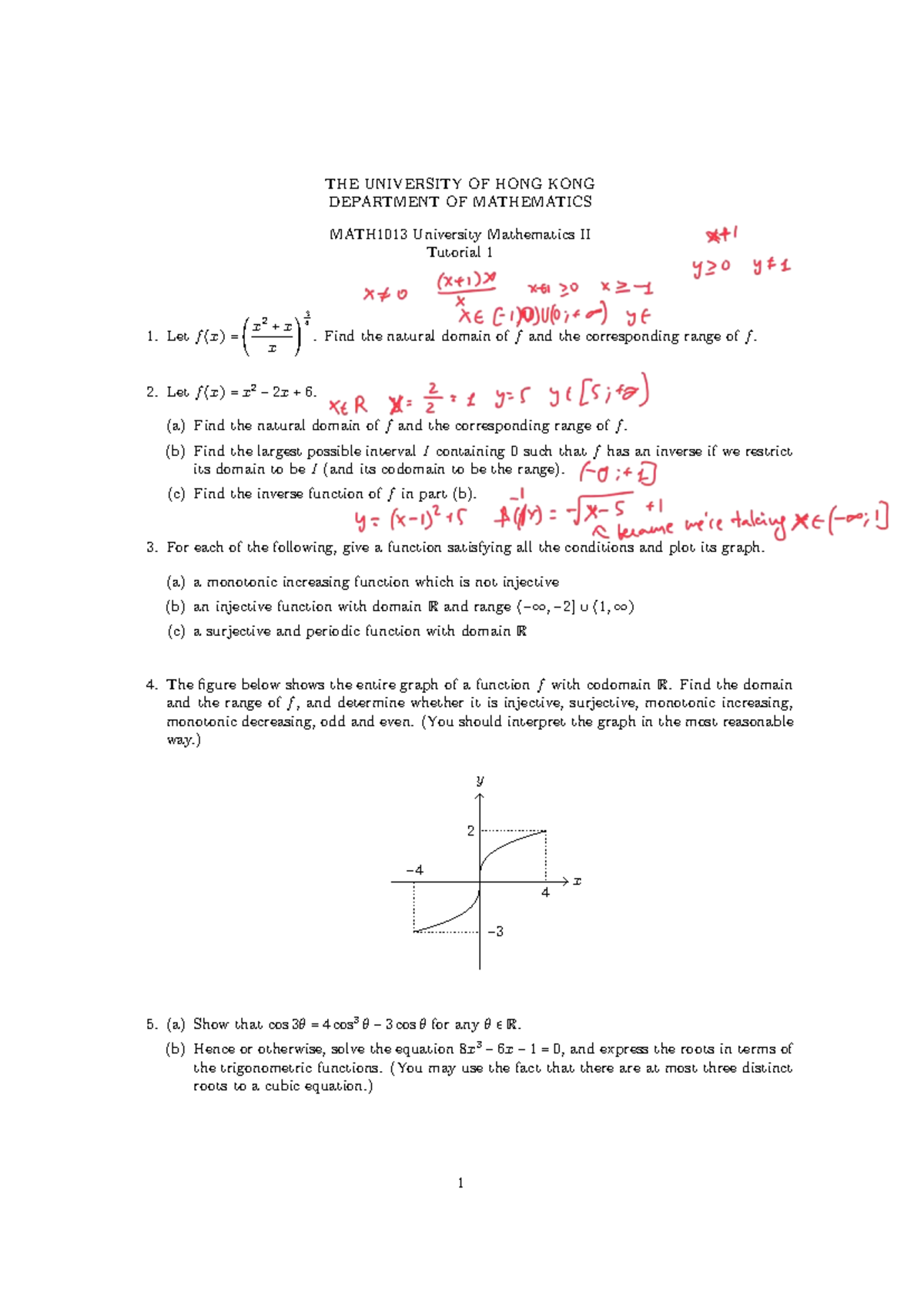 MATH1013 University Mathematics II Tutorial 1: Functions and Domains ...
