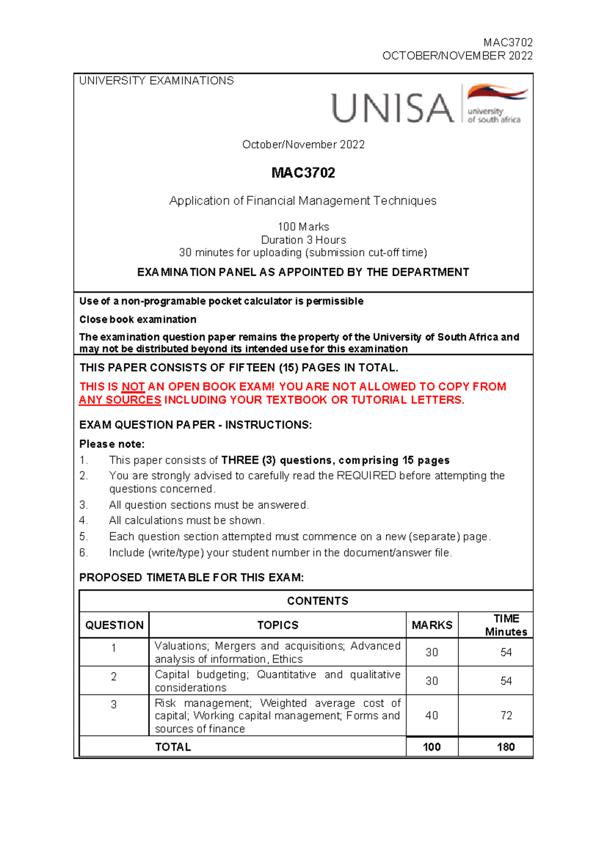 MAC3702- Final Exam Oct/Nov 2022 - Financial Management Techniques ...