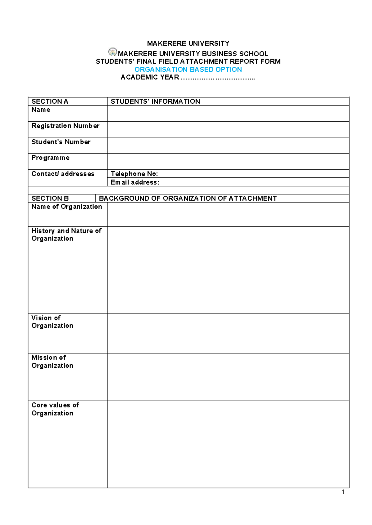 MUBS 2023 Final Field Attachment Report Form - Org Based Option - Studocu