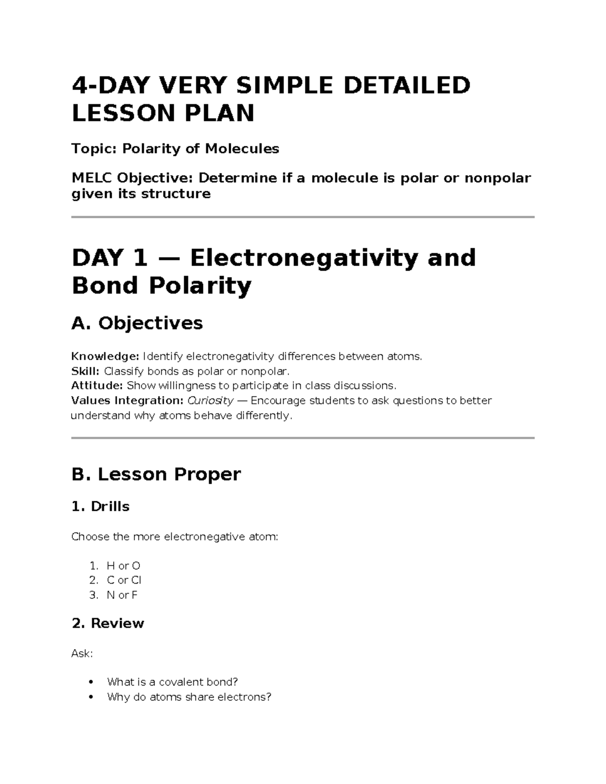 MELC Lesson Plan: Understanding Polarity of Molecules - Studocu