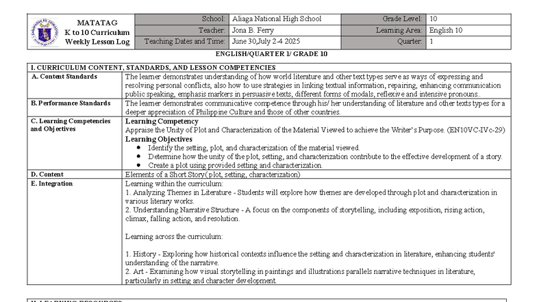 MATATAG K to 10 Curriculum: English 10 Weekly Lesson Log - Studocu