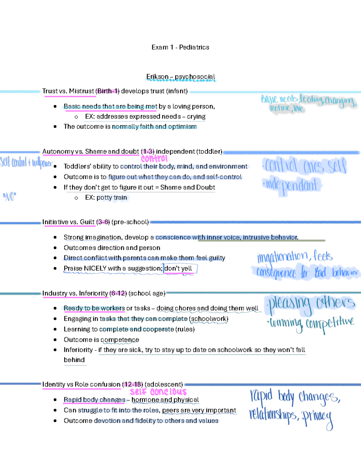 PEDS 101: Exam 1 Outline on Erikson's Stages & Pediatric Care - Studocu