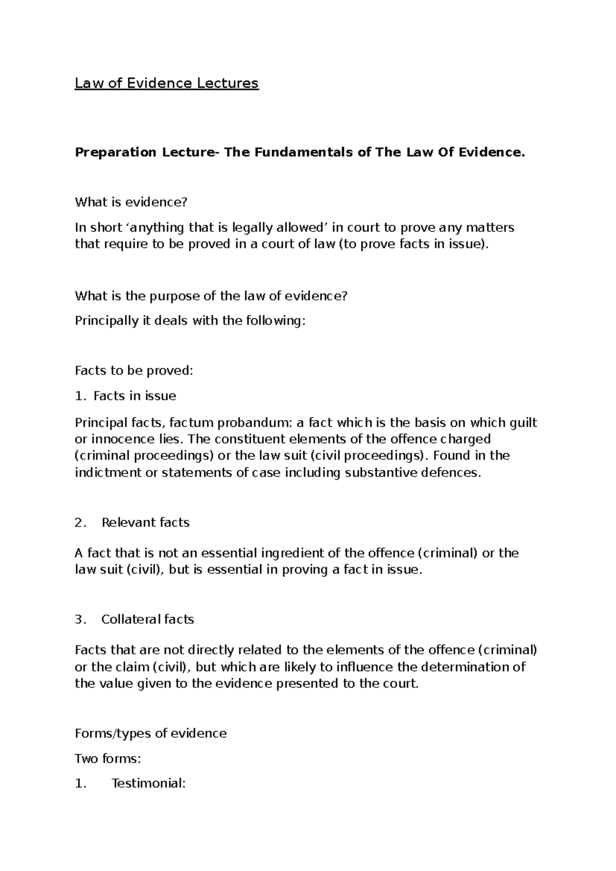 Law of Evidence (LAW101): Lecture Notes on Key Concepts and Principles ...