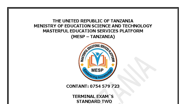 STD 2 MESP Tanzania: Writing, Health, Reading, Sports & Arts Exam May ...
