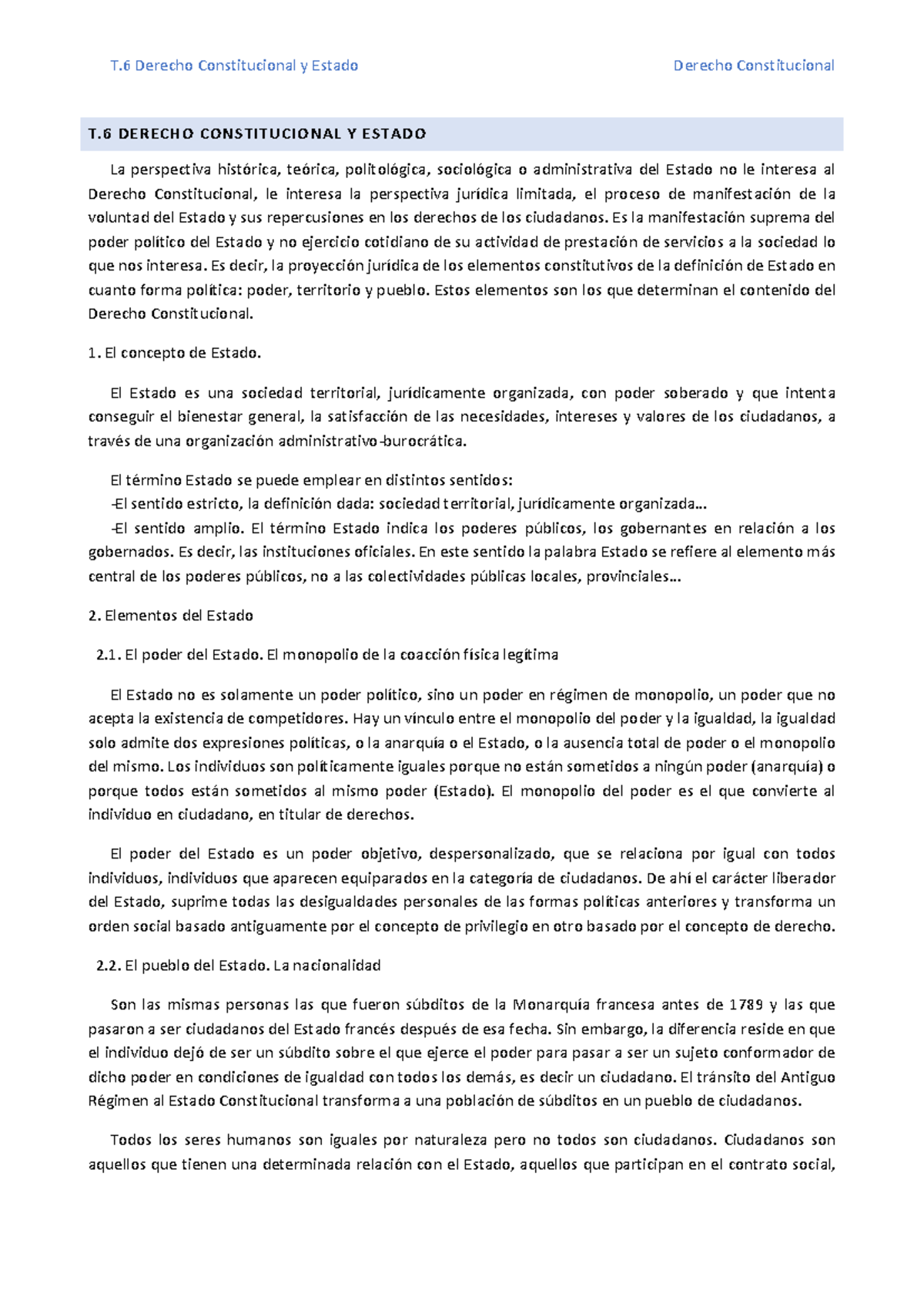 T.6 Derecho Constitucional: Análisis del Estado y sus Elementos - Studocu