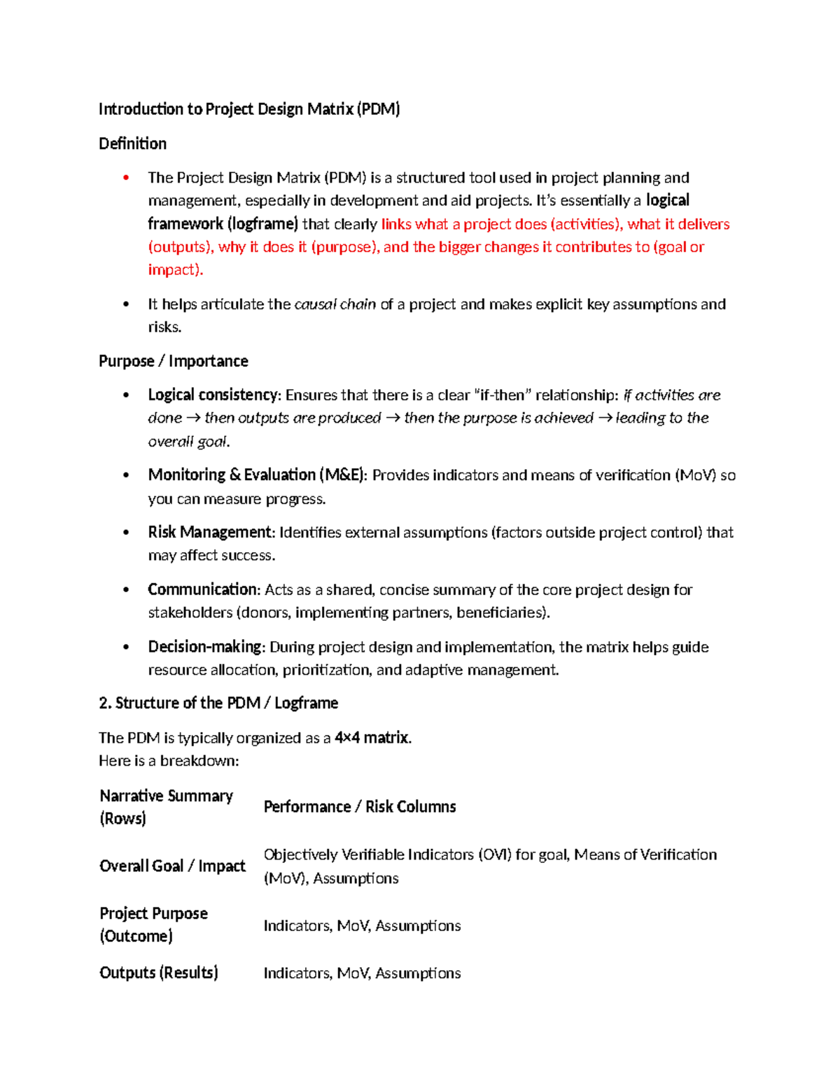 Introduction to Project Design Matrix (PDM) Notes - Studocu