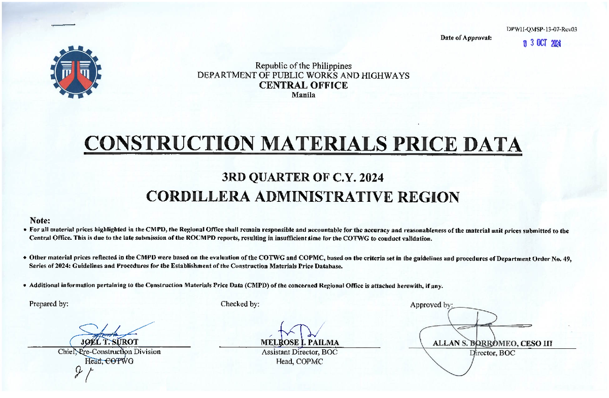 CAR CMPD 3Q2024: Construction Materials Price Data for Cordillera ...