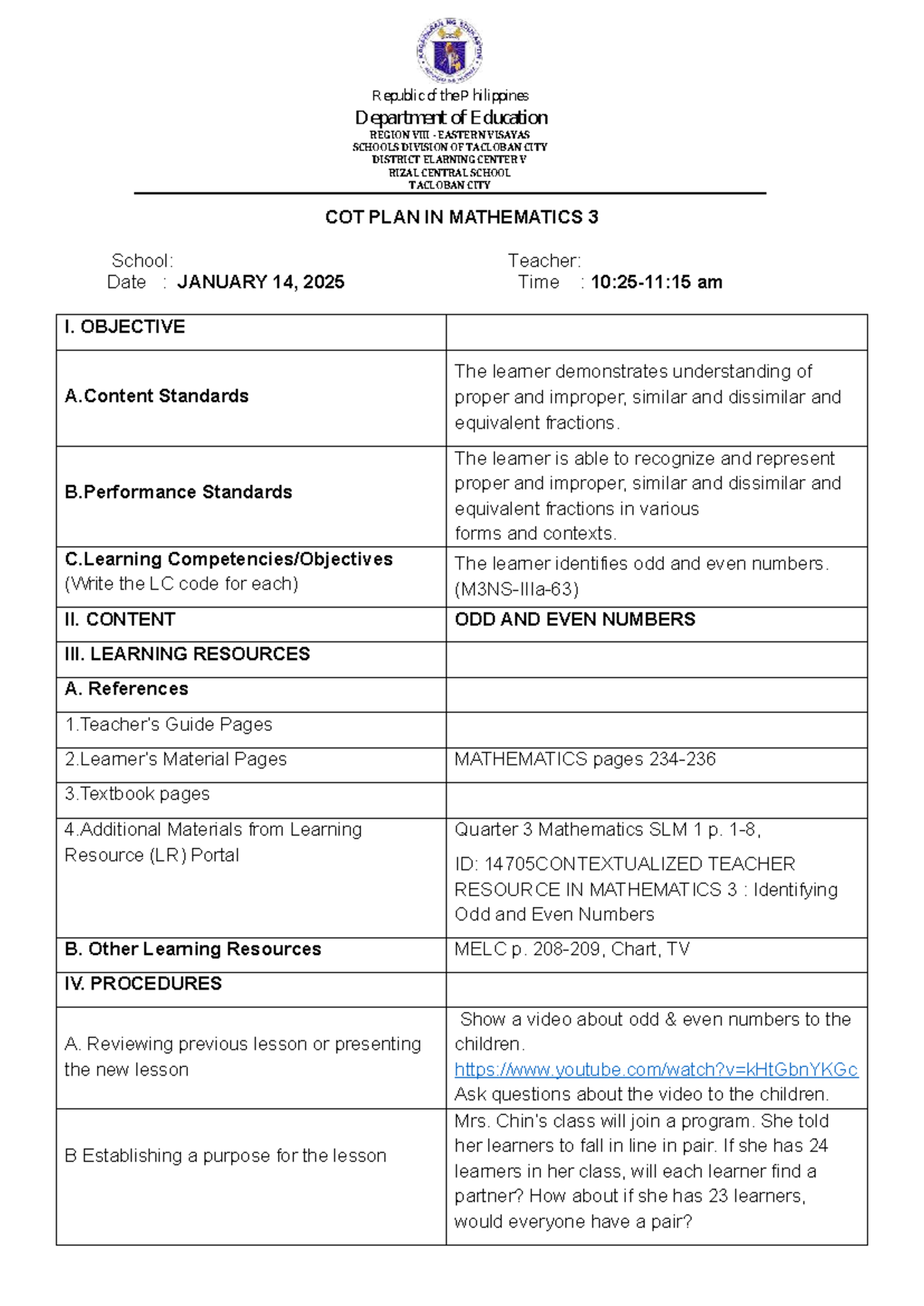 COT MATH 3 - Contextualized Teaching Plan for Odd and Even Numbers ...