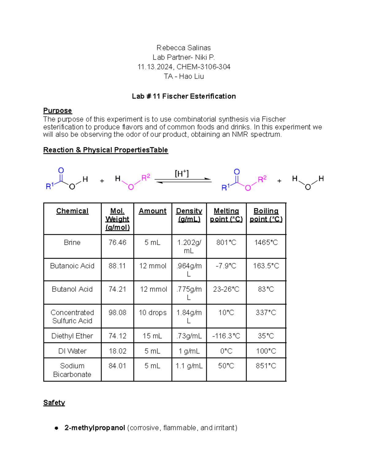 CHEM-3106 Lab 11 Report: Fischer Esterification and Product Analysis ...