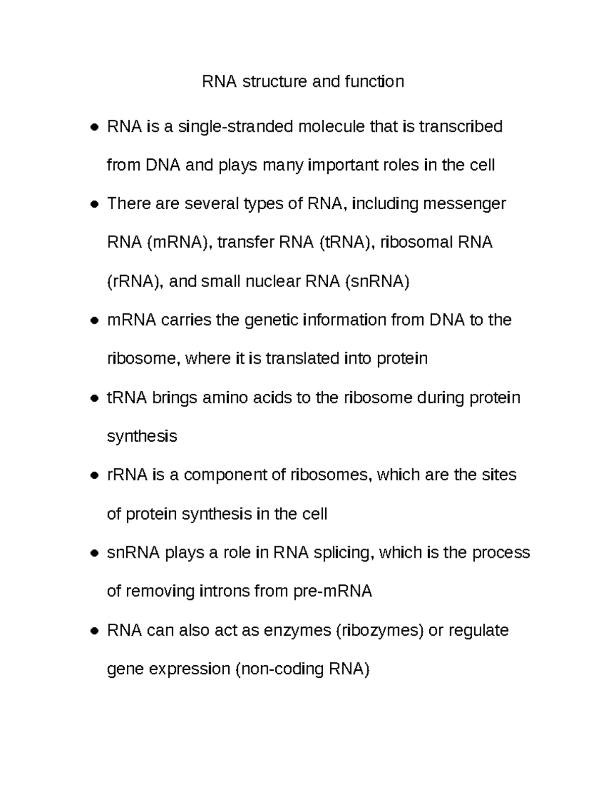 RNA Structure & Function Overview: Key Types & Roles - Studocu