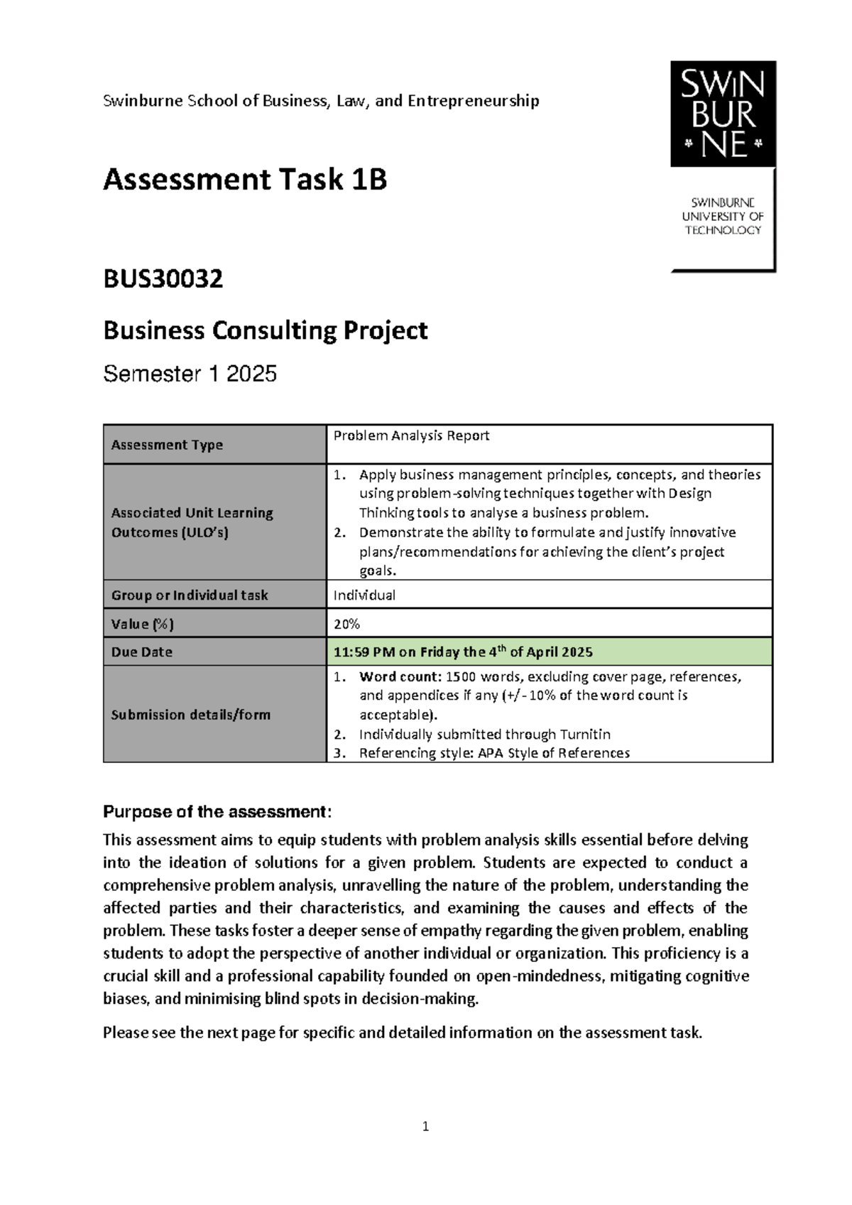 BUS30032 S1 2025 Assignment 1B: Problem Analysis Report Guide - Studocu