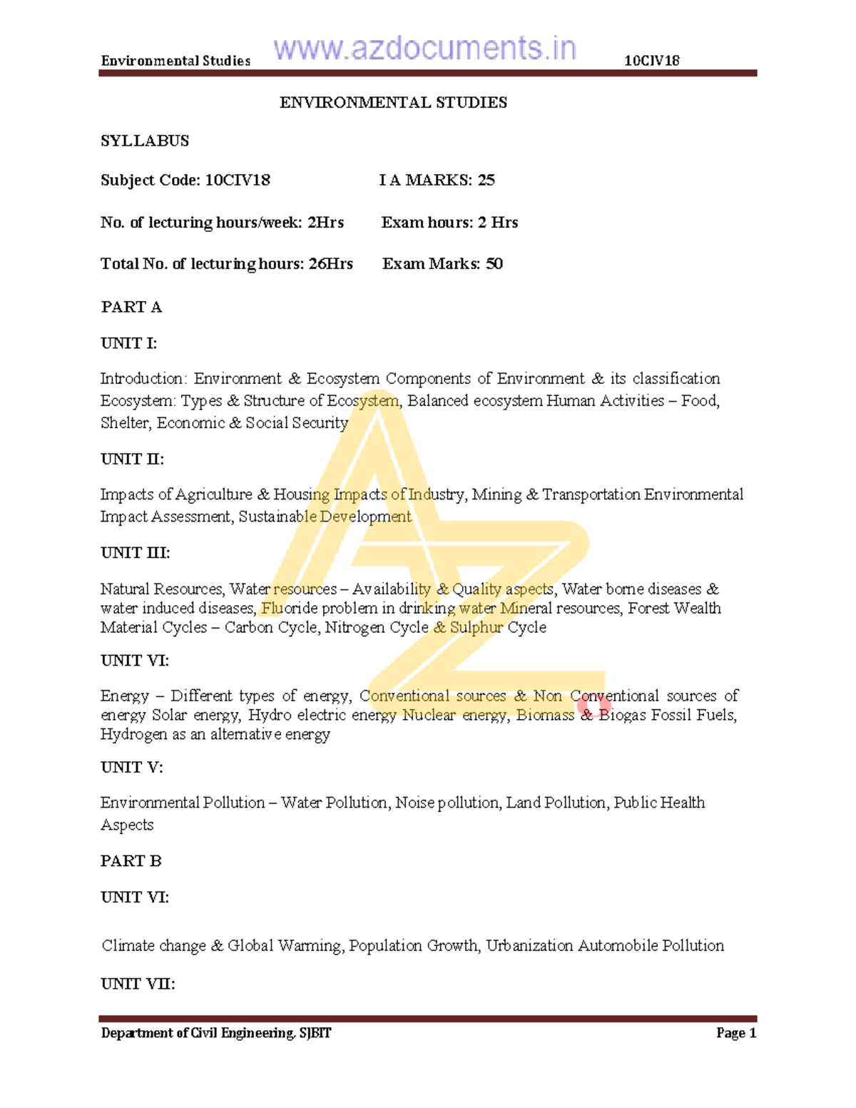 Environmental Studies Syllabus Overview for 10CIV18 - Studocu