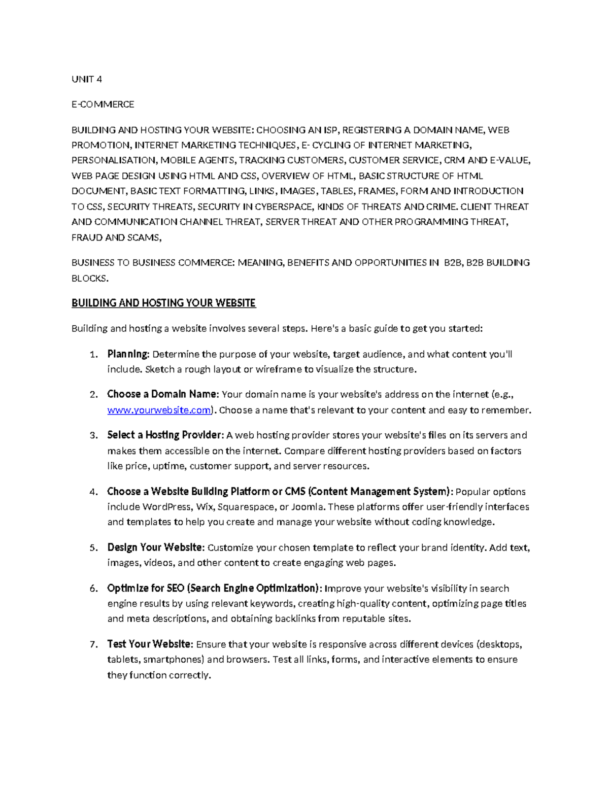 UNIT 4 E-Commerce: Building, Hosting, and Marketing Your Website - Studocu