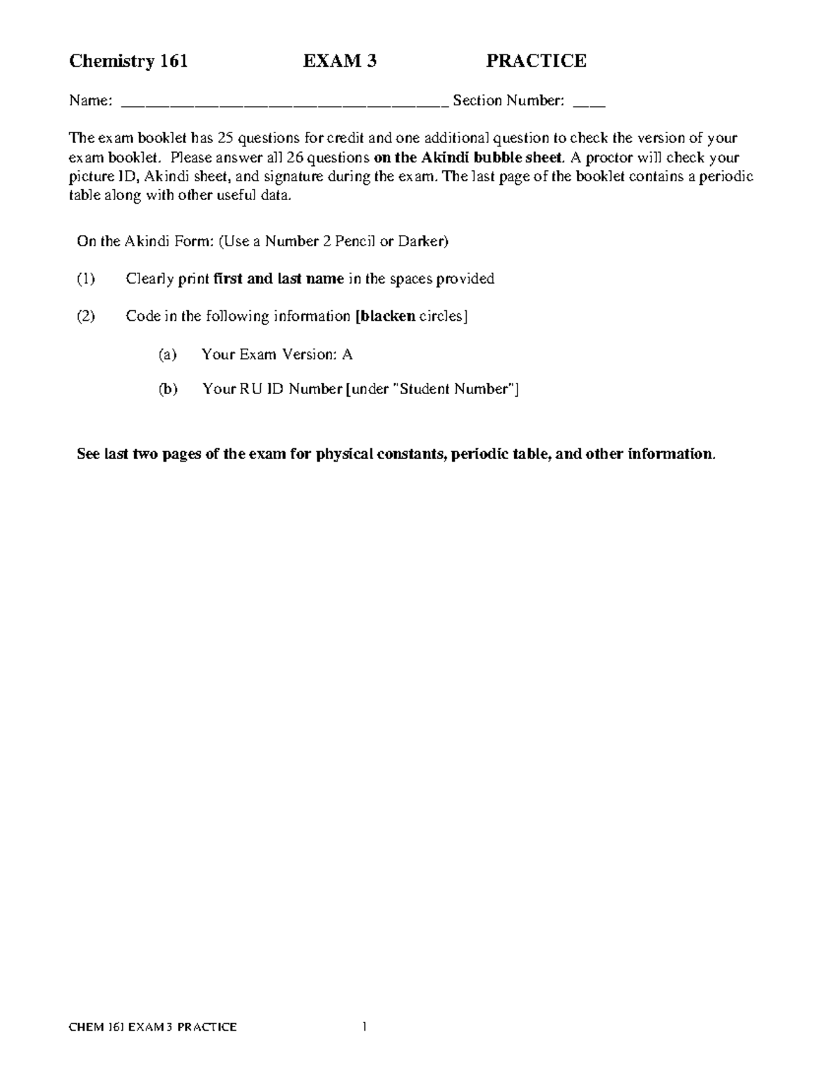 CHEM 161 EXAM 3 PRACTICE - Comprehensive Answer Guide - Studocu