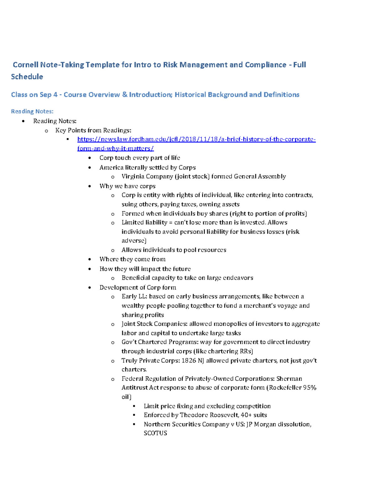Risk Management Law Notes - Cornell Note-Taking Template for Intro to ...