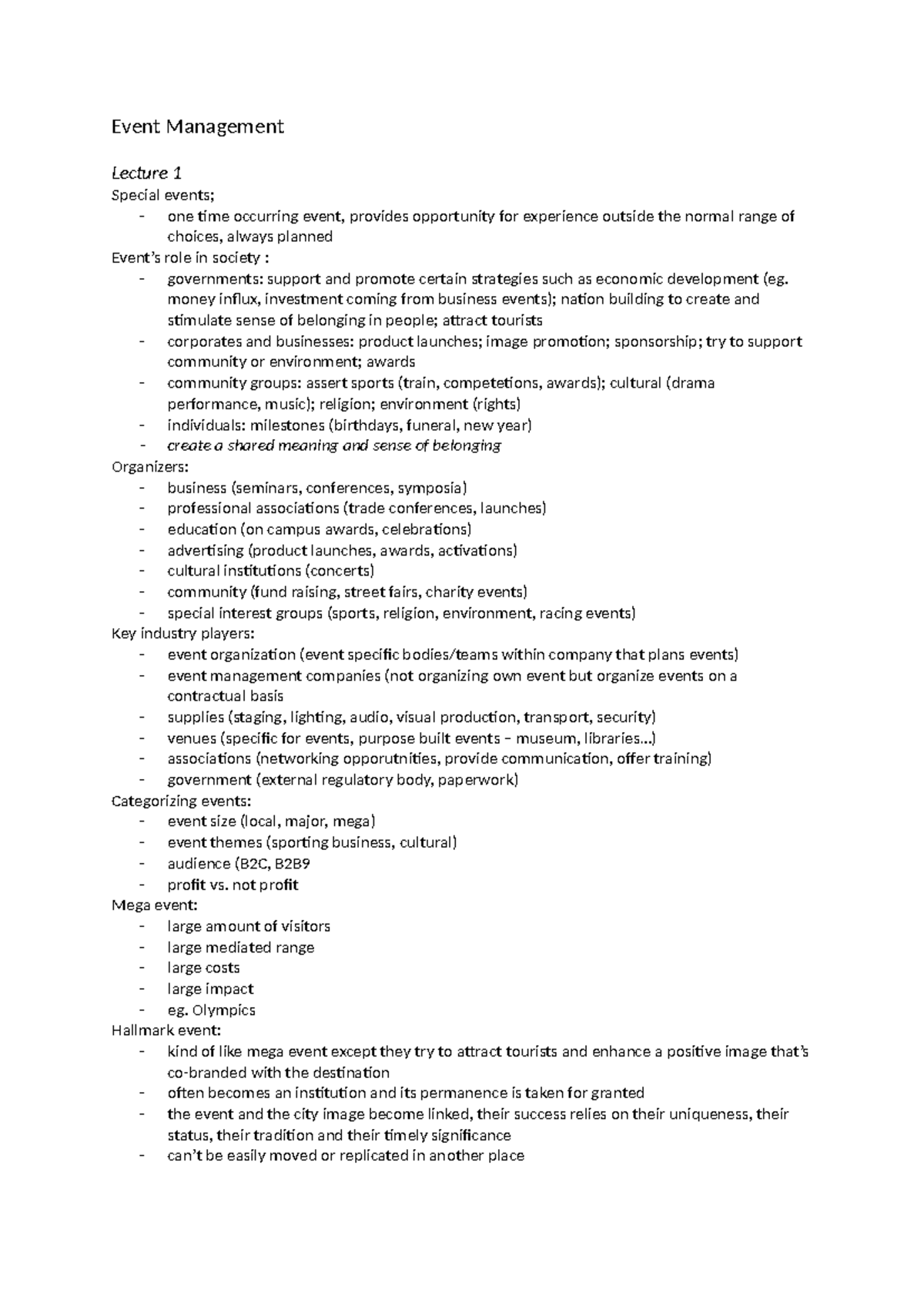 Event Management - notes - Event Management Lecture 1 Special events ...