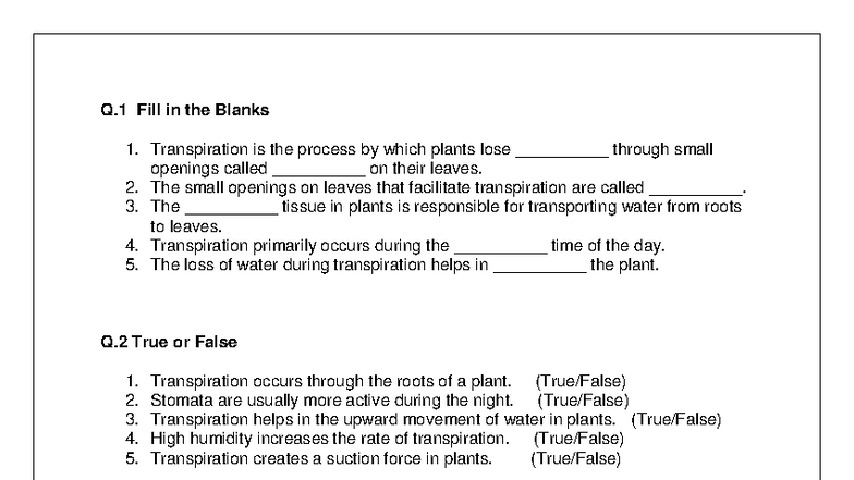 Worksheet Grade 8 FA3: Transpiration & Excretion Concepts - Studocu